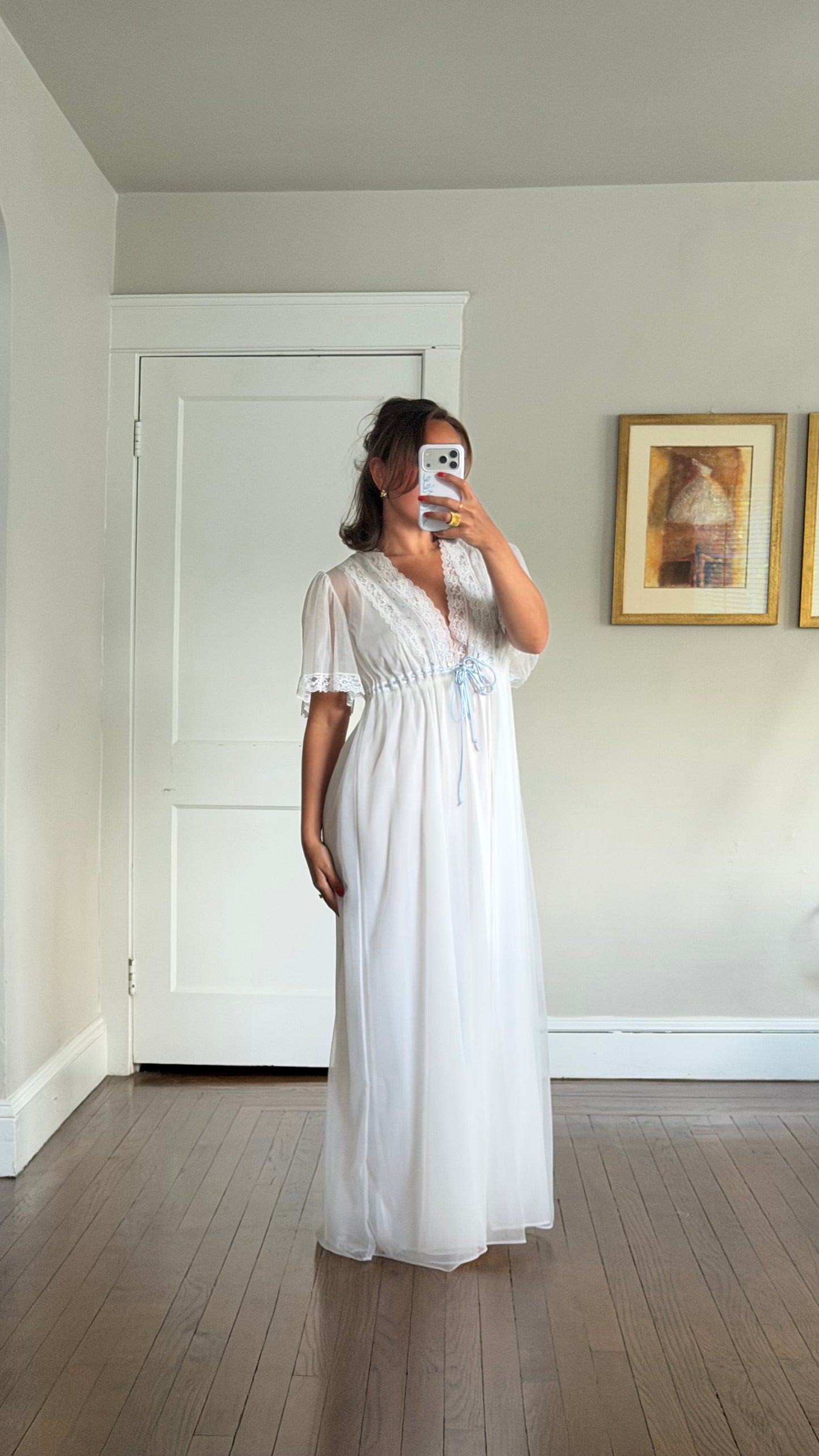 White Peignoir Set with Blue Details