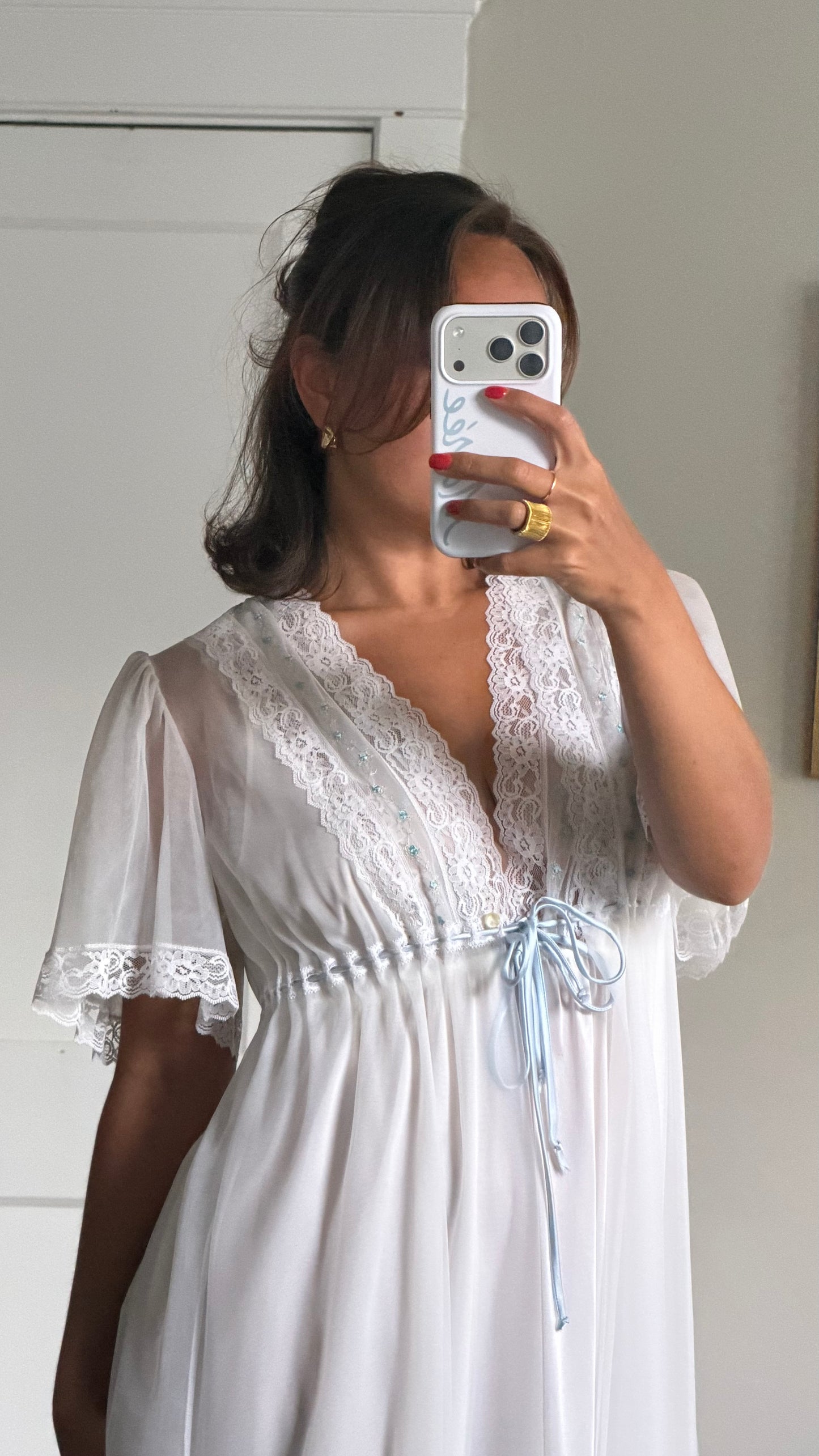 White Peignoir Set with Blue Details