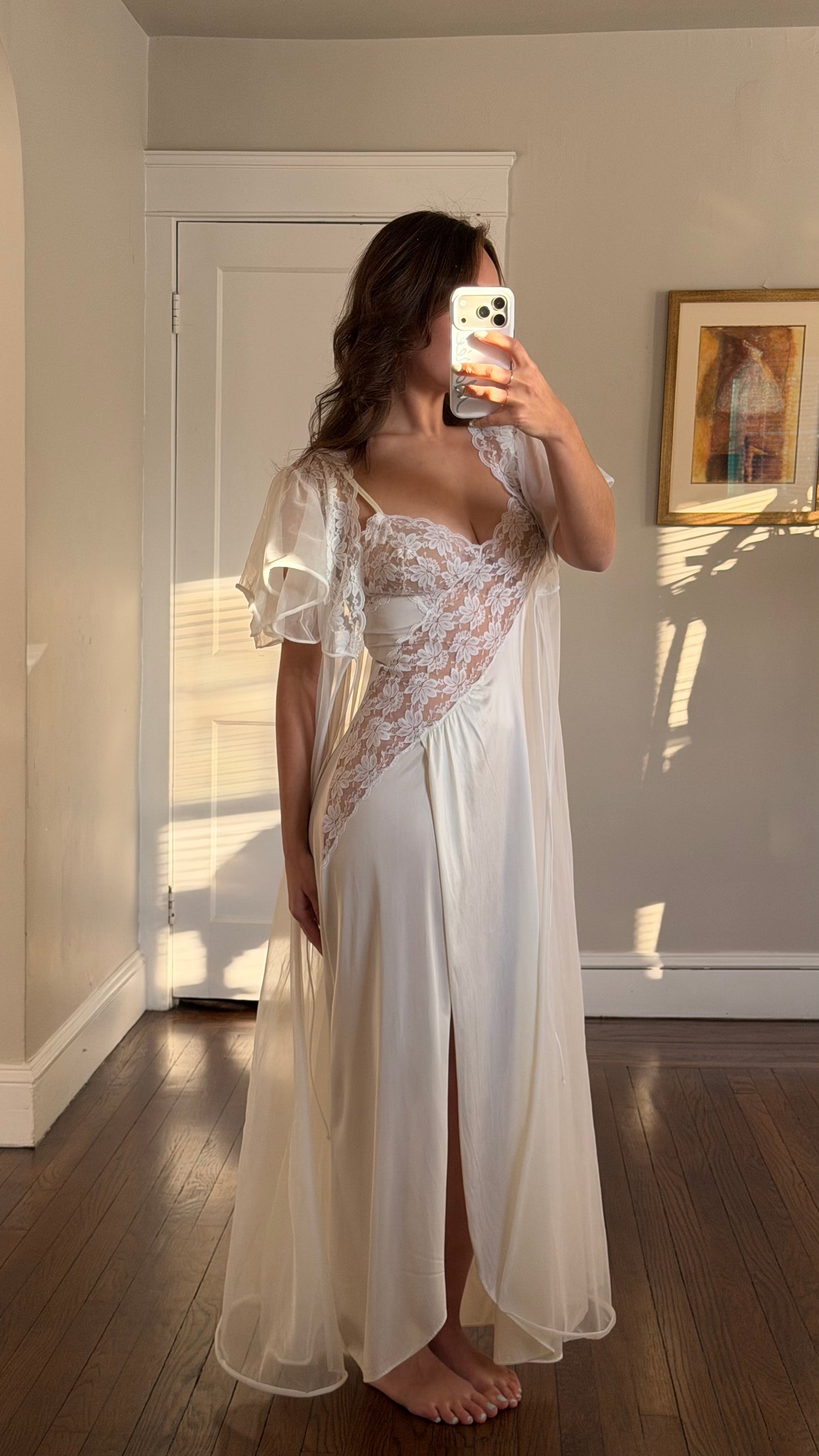 Asymmetrical Lace Ivory & White Peignoir Set