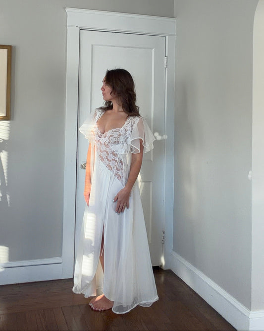 Asymmetrical Lace Ivory & White Peignoir Set