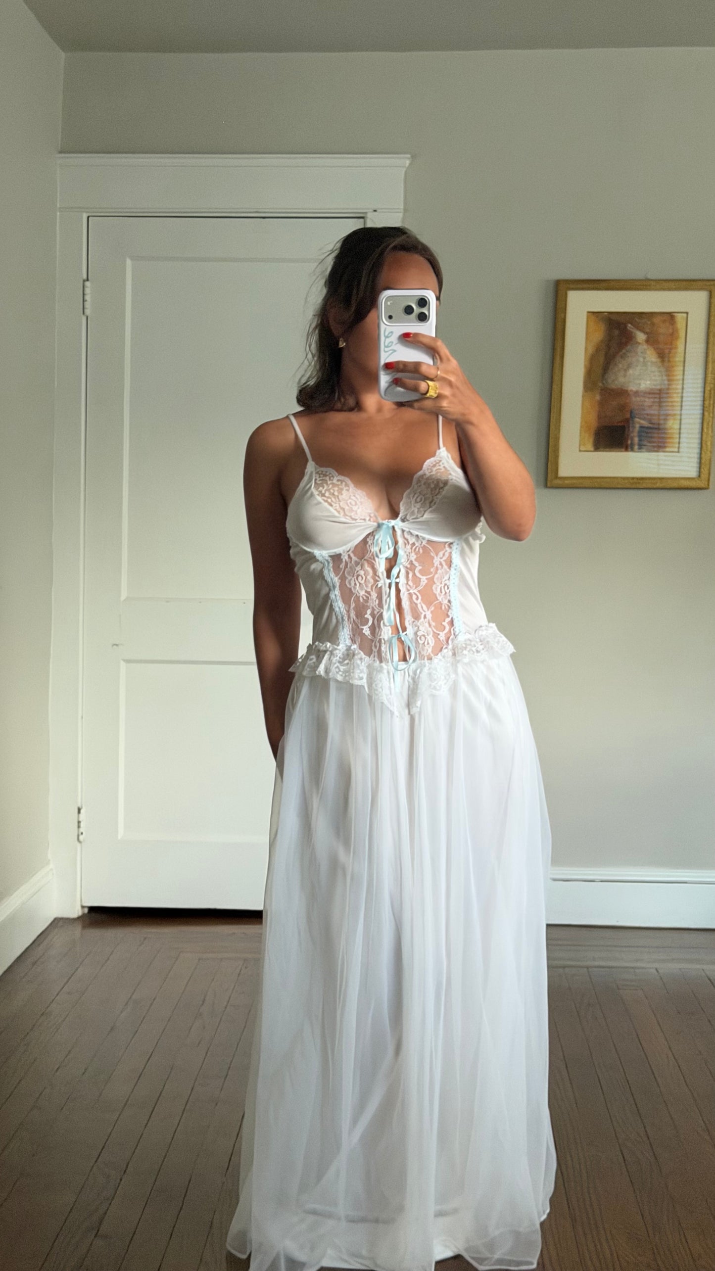 White Peignoir Set with Blue Ribbon Detail