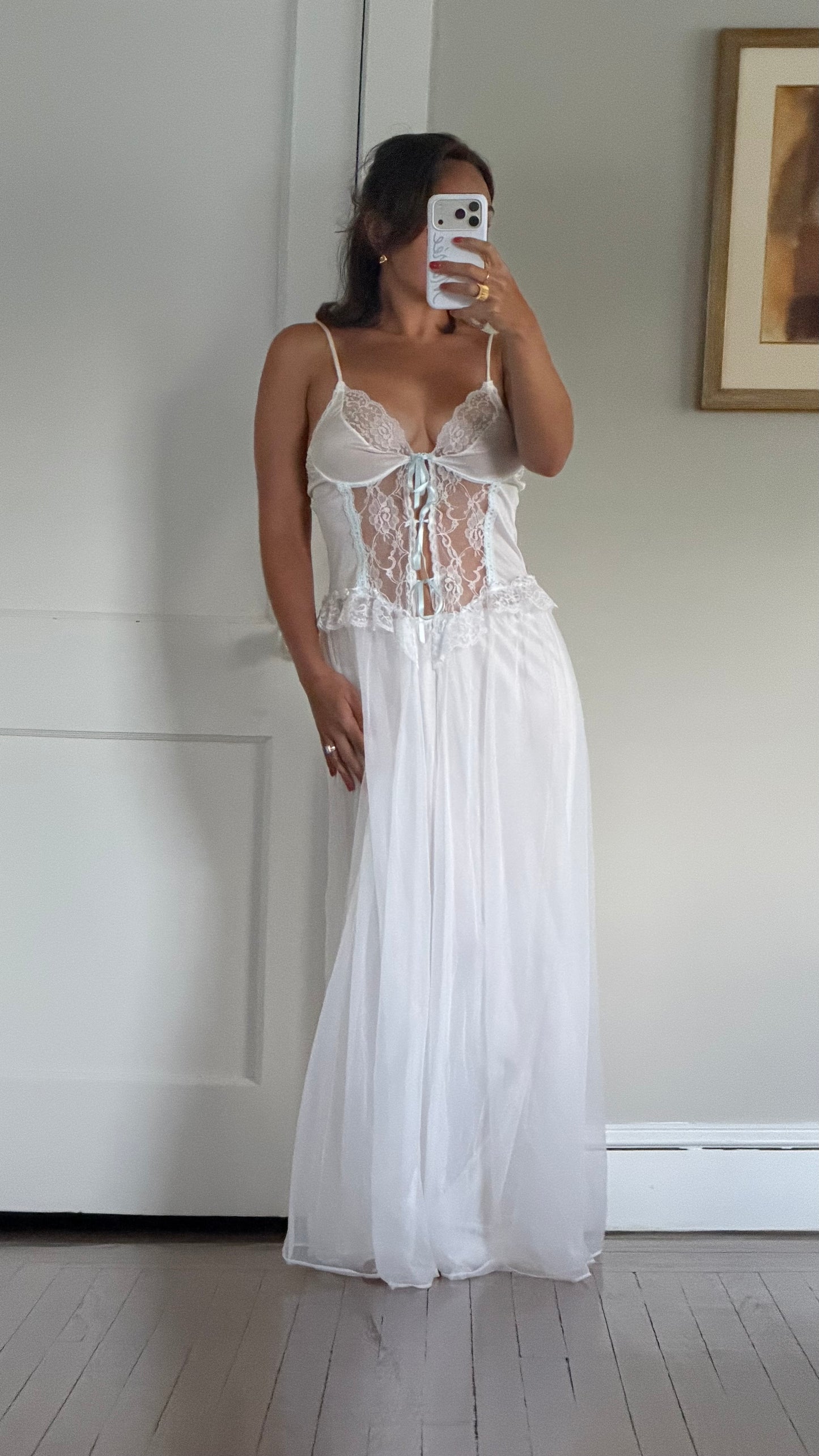 White Peignoir Set with Blue Ribbon Detail