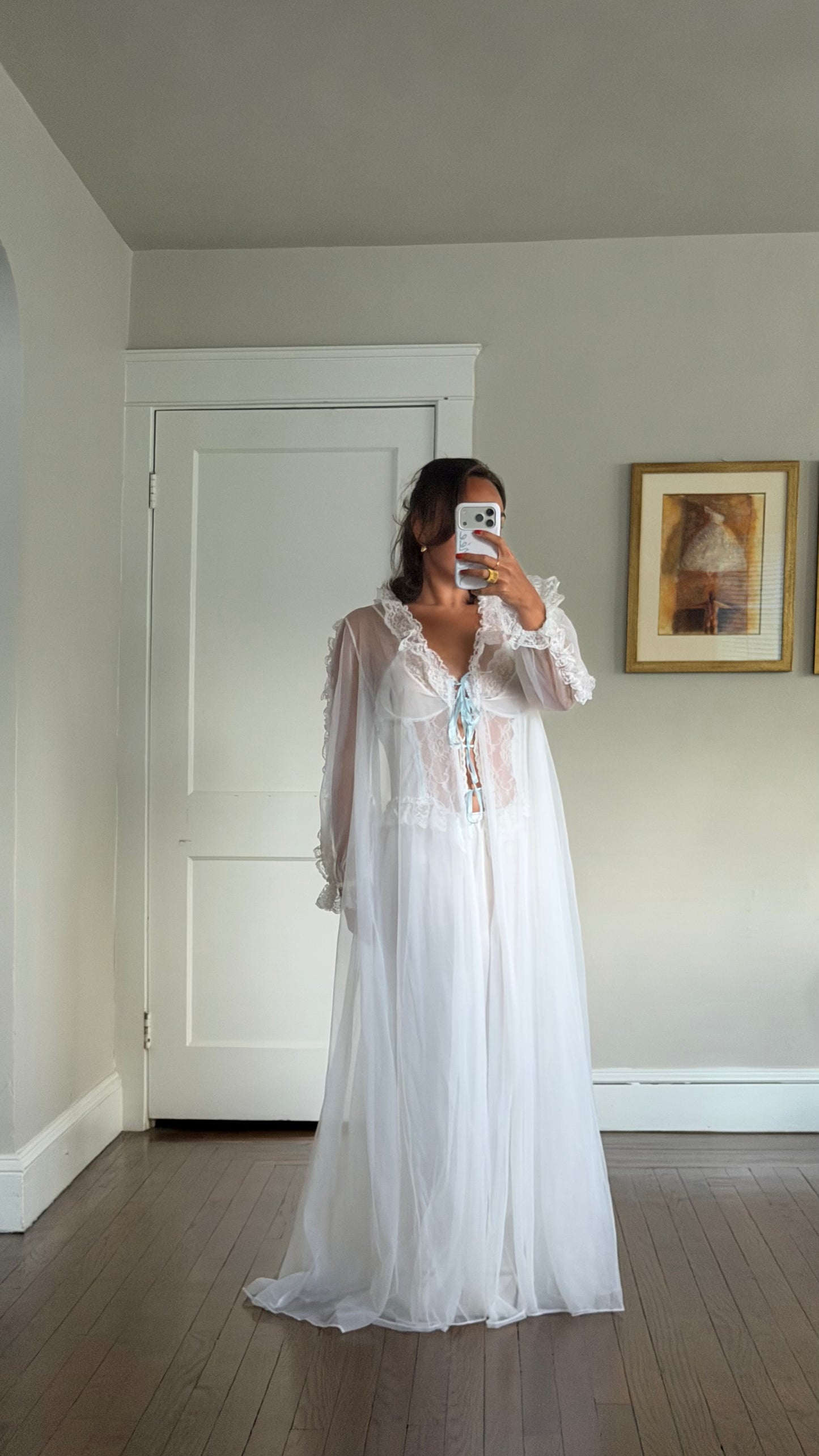 White Peignoir Set with Blue Ribbon Detail
