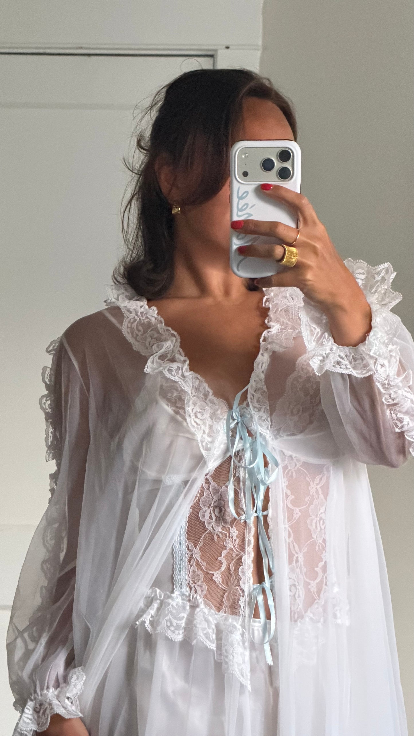 White Peignoir Set with Blue Ribbon Detail