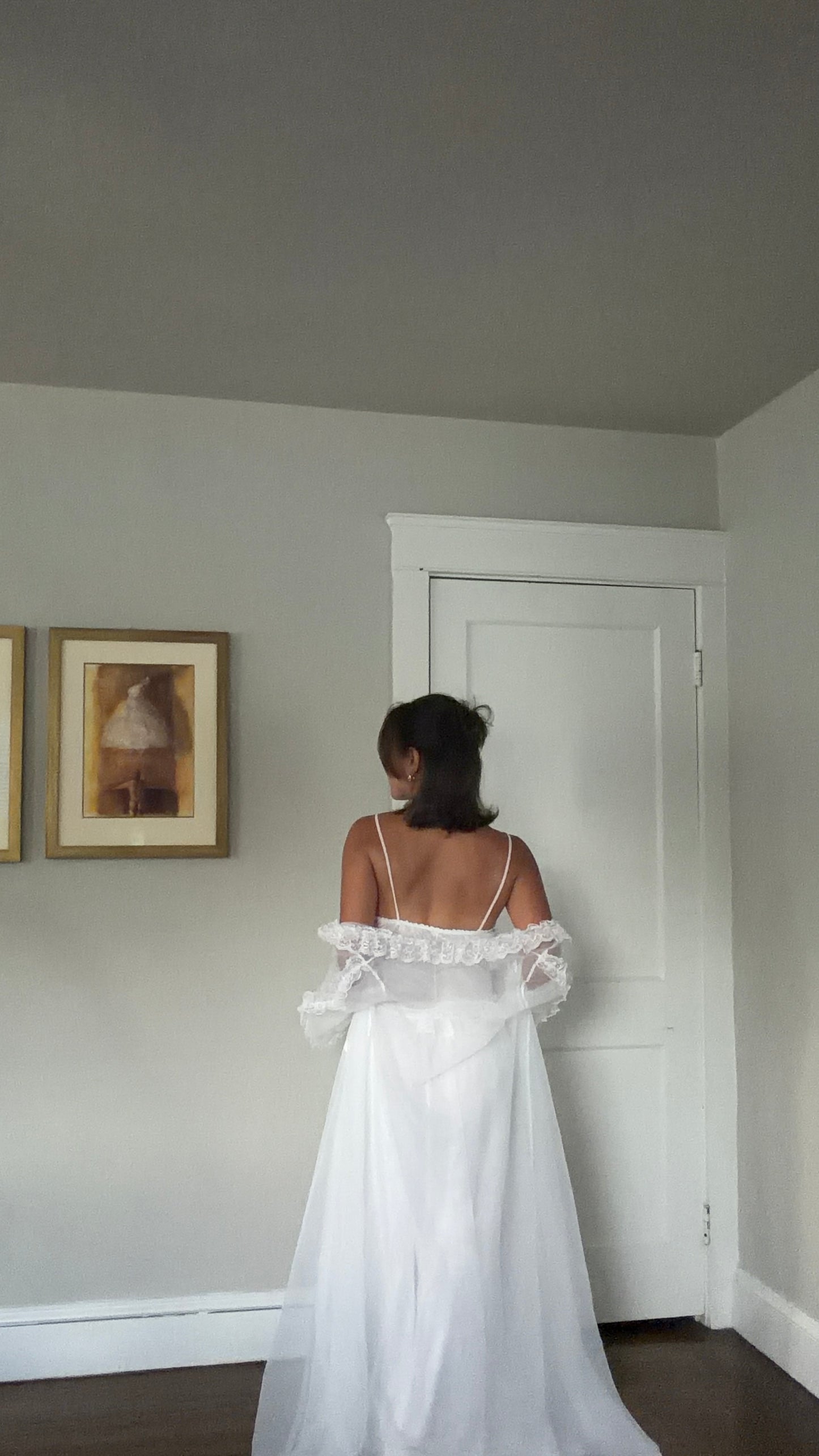 White Peignoir Set with Blue Ribbon Detail