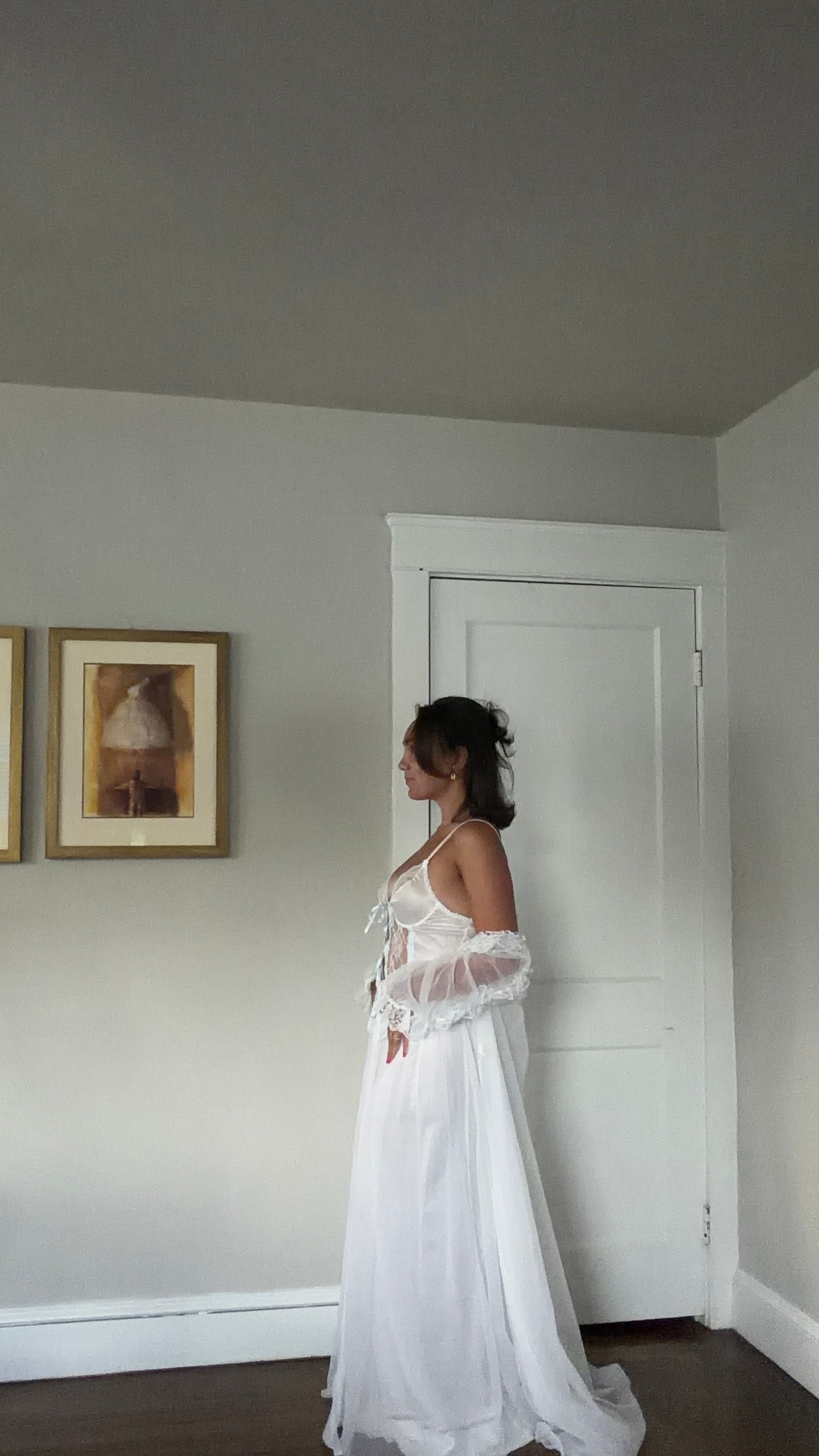 White Peignoir Set with Blue Ribbon Detail