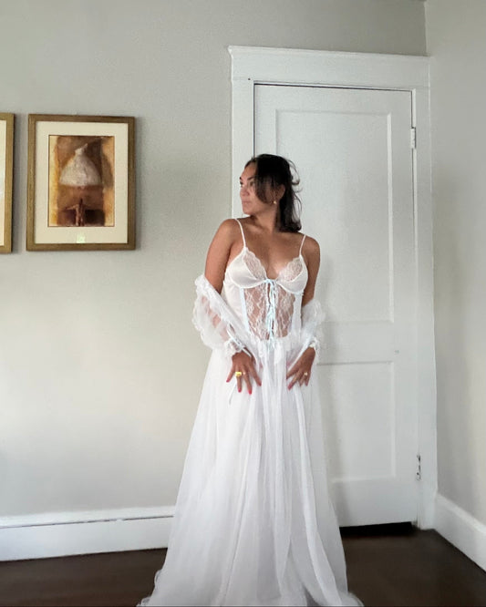 White Peignoir Set with Blue Ribbon Detail