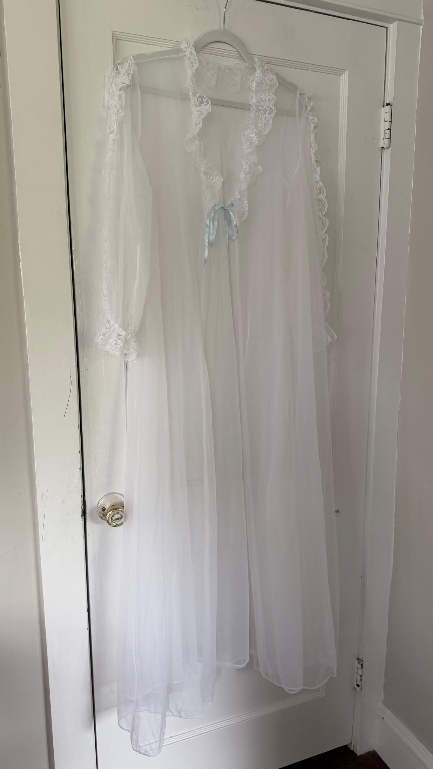 White Peignoir Set with Blue Ribbon Detail