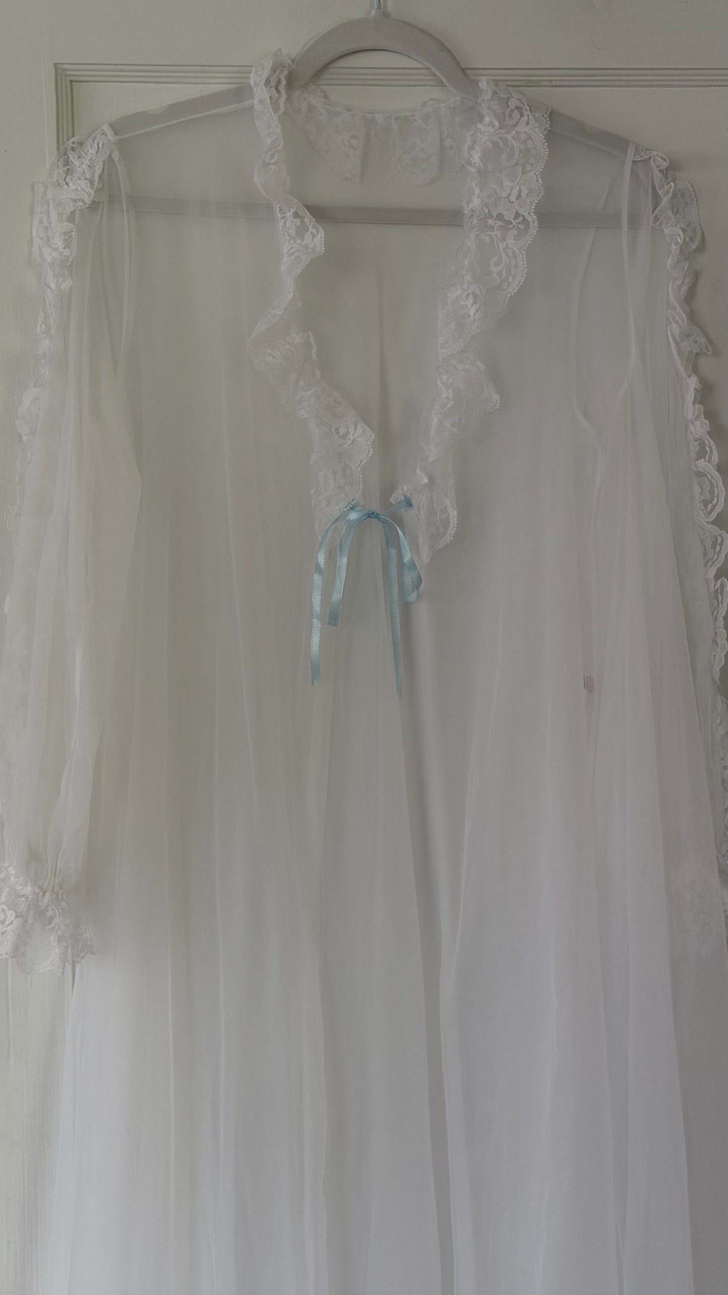 White Peignoir Set with Blue Ribbon Detail