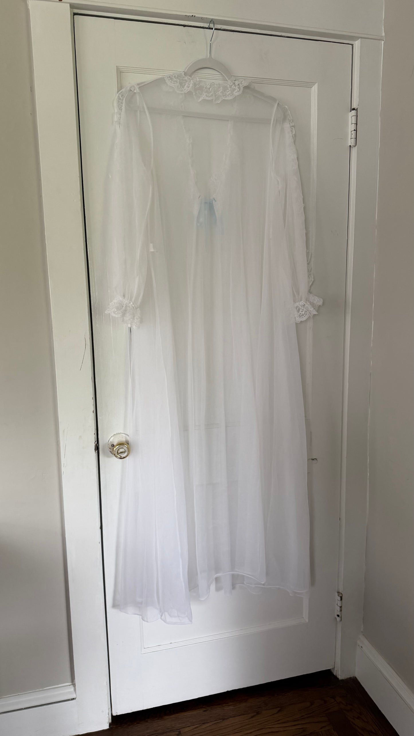 White Peignoir Set with Blue Ribbon Detail