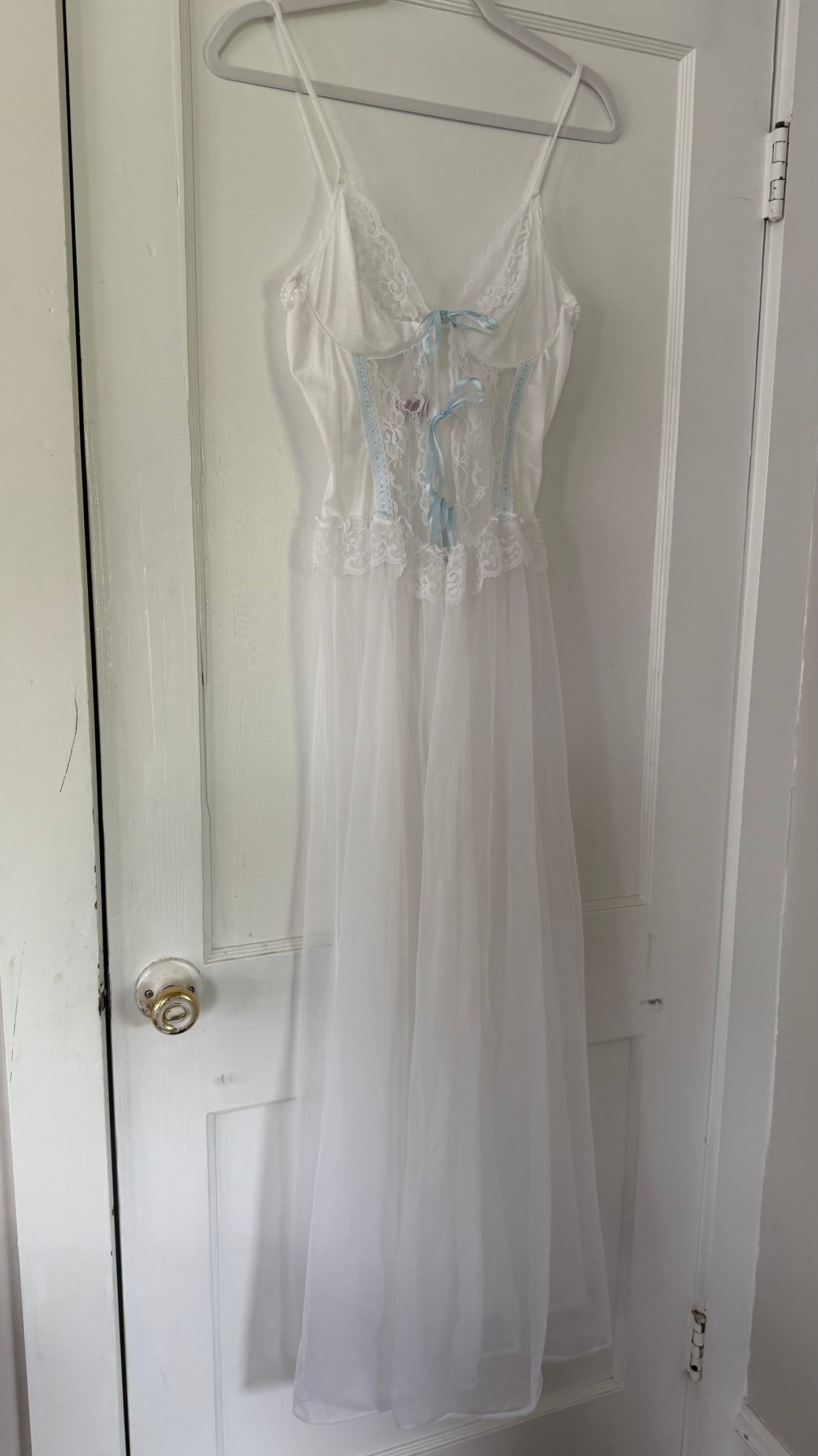 White Peignoir Set with Blue Ribbon Detail