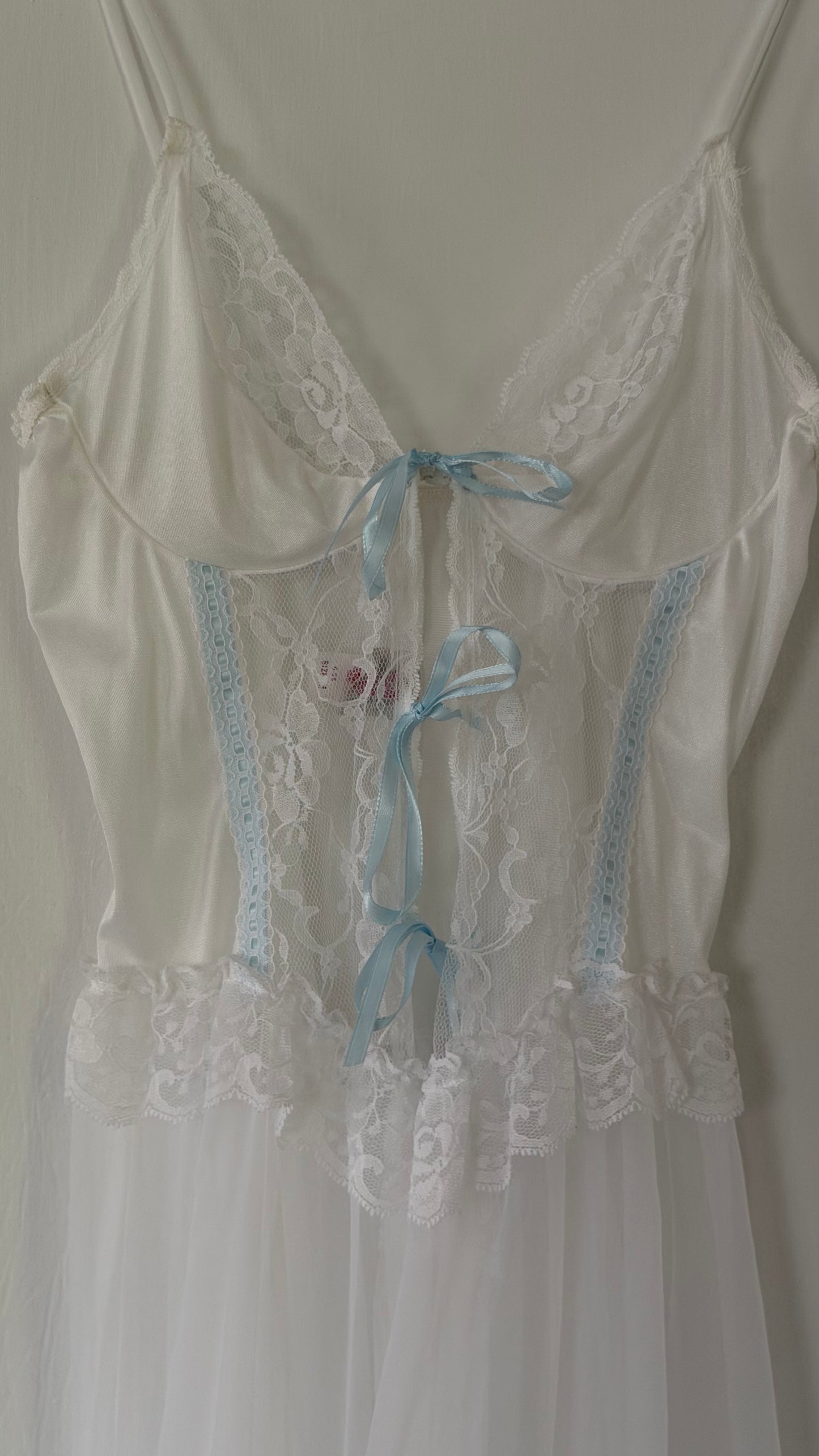 White Peignoir Set with Blue Ribbon Detail