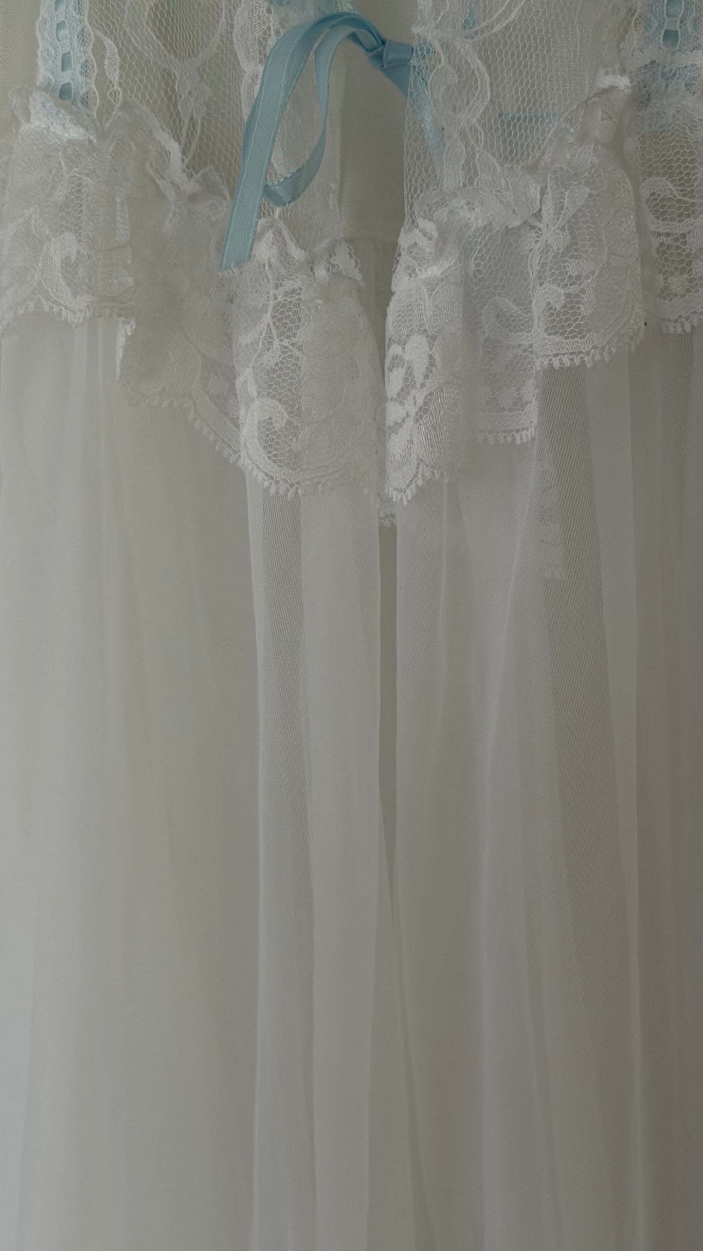 White Peignoir Set with Blue Ribbon Detail