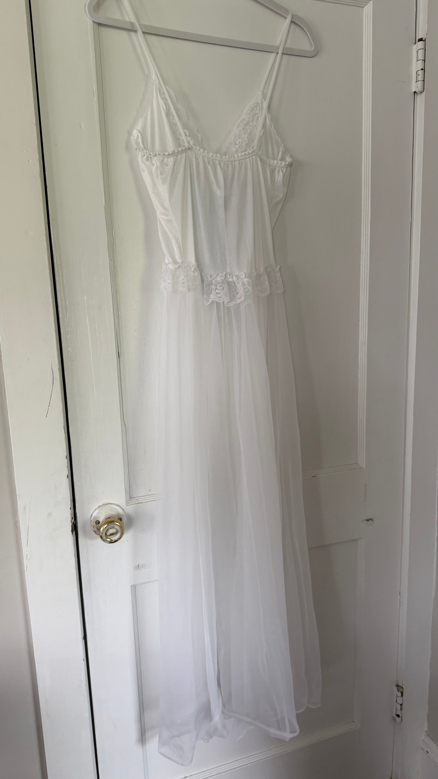 White Peignoir Set with Blue Ribbon Detail
