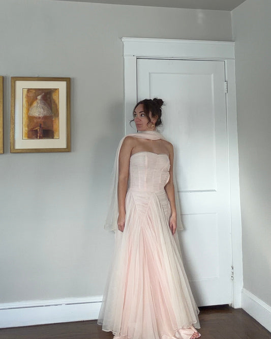 1950s Blush Tulle Gown with Neck Scarf