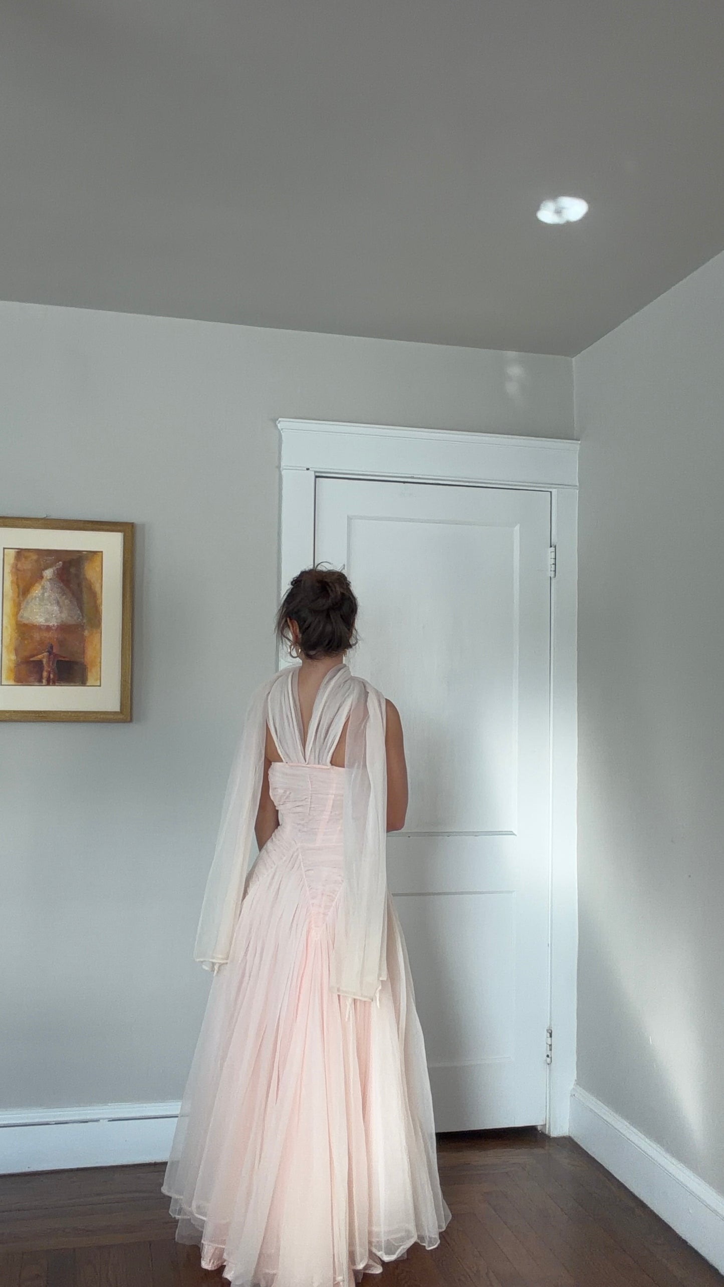 1950s Blush Tulle Gown with Neck Scarf