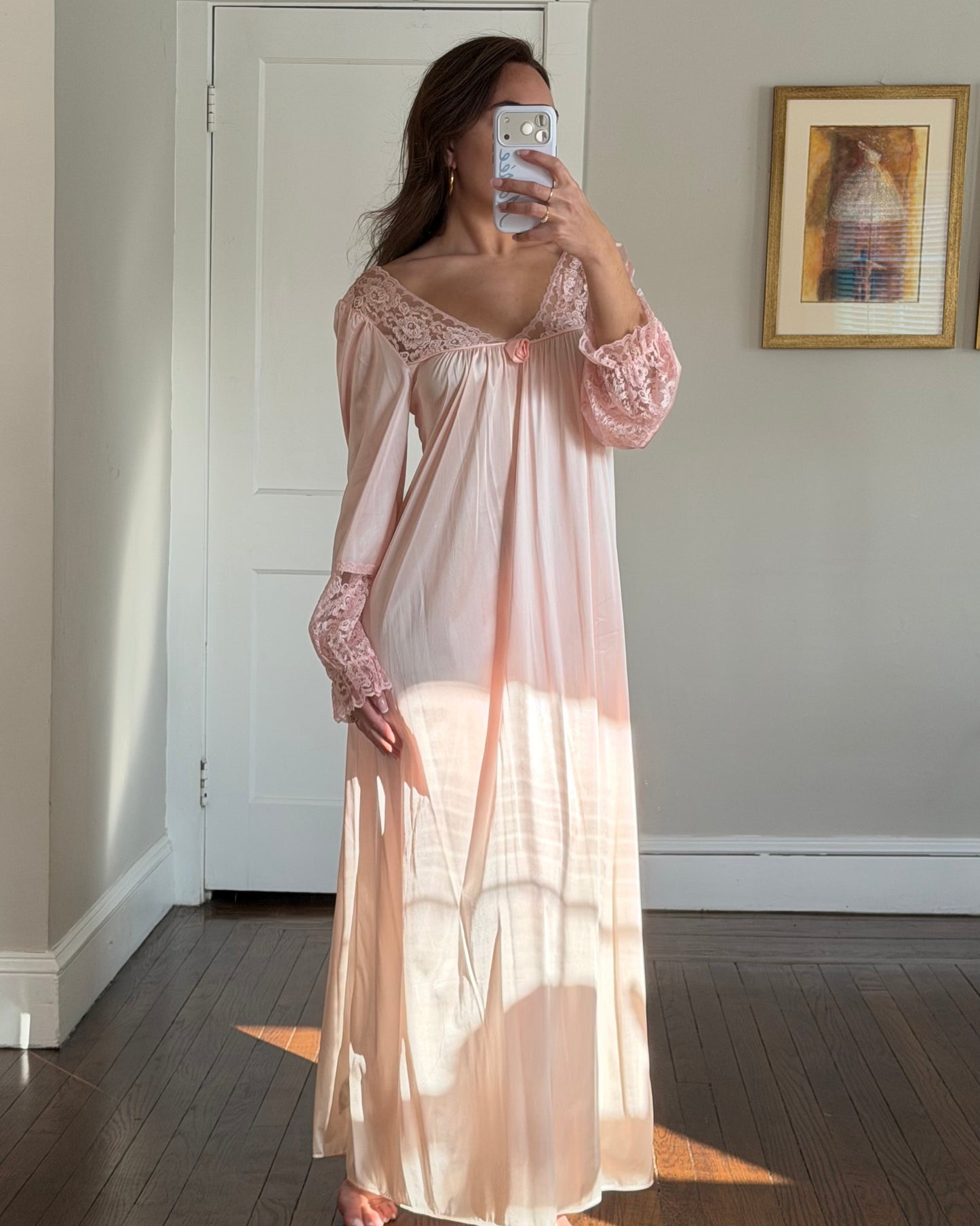 Long Sleeve Pink Lace-Detail Slip