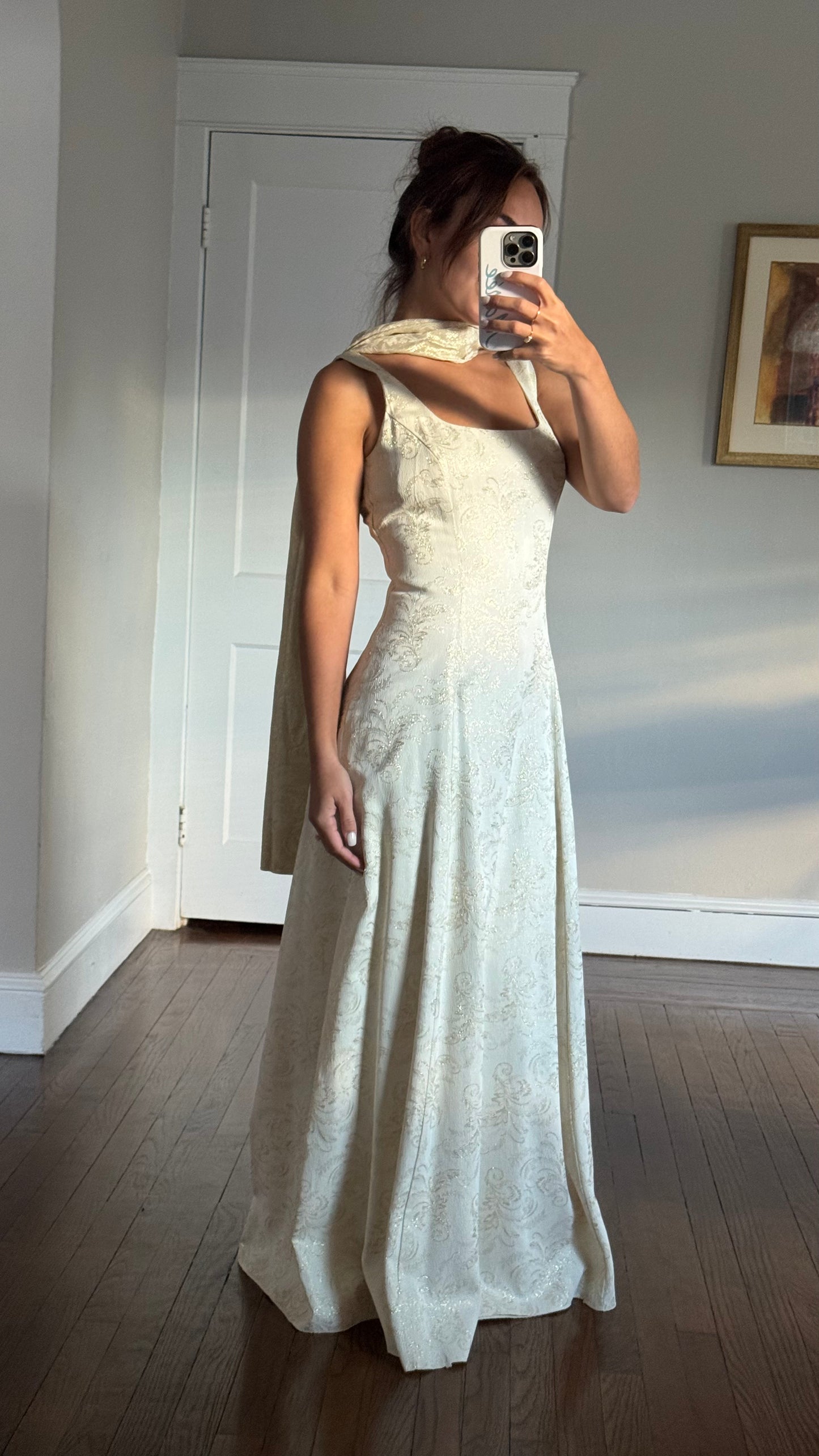 80s Metallic Thread Dress w/ Neck Scarf