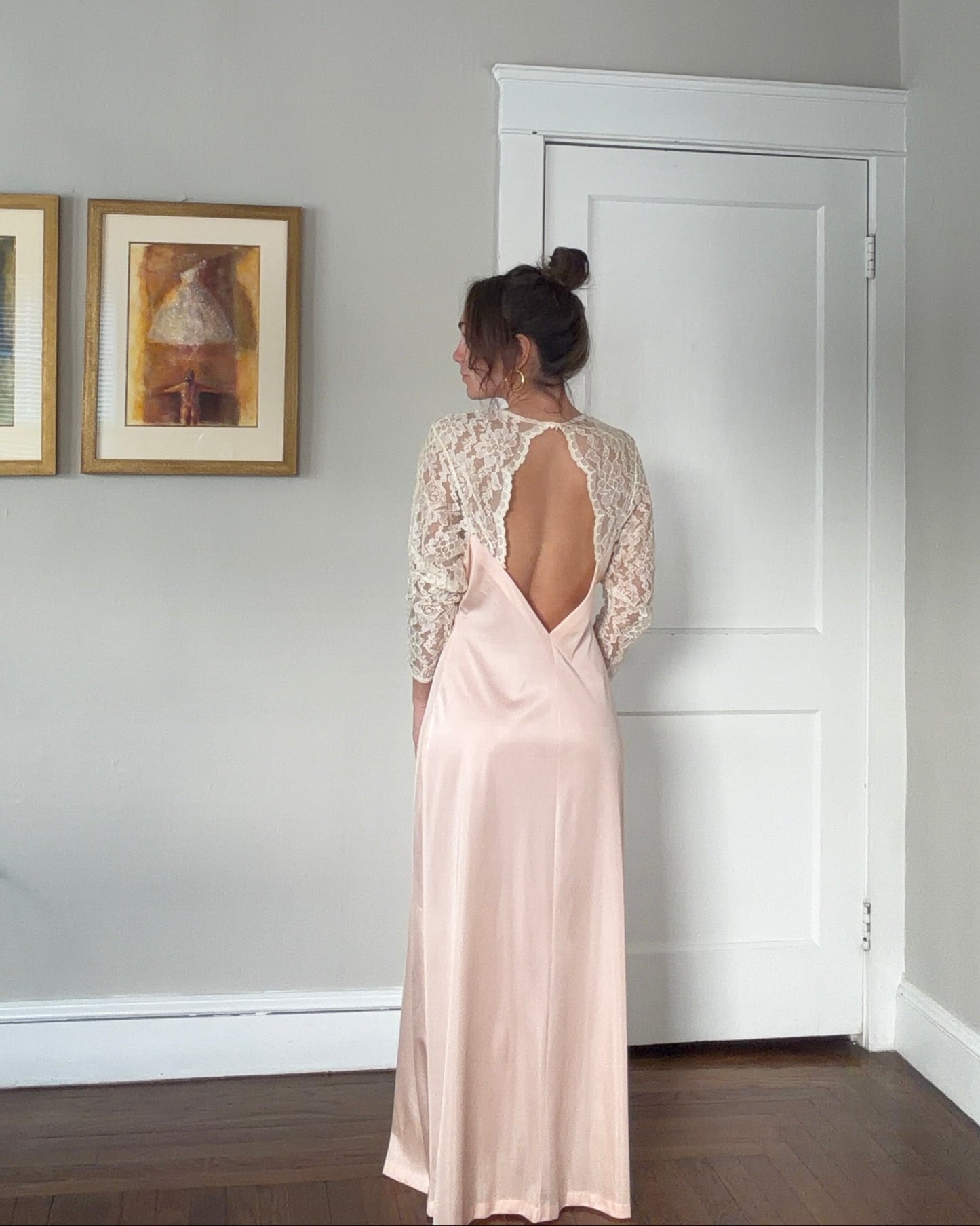 Long Sleeve Lace-Detail Open-Back Blush Bridal Slip