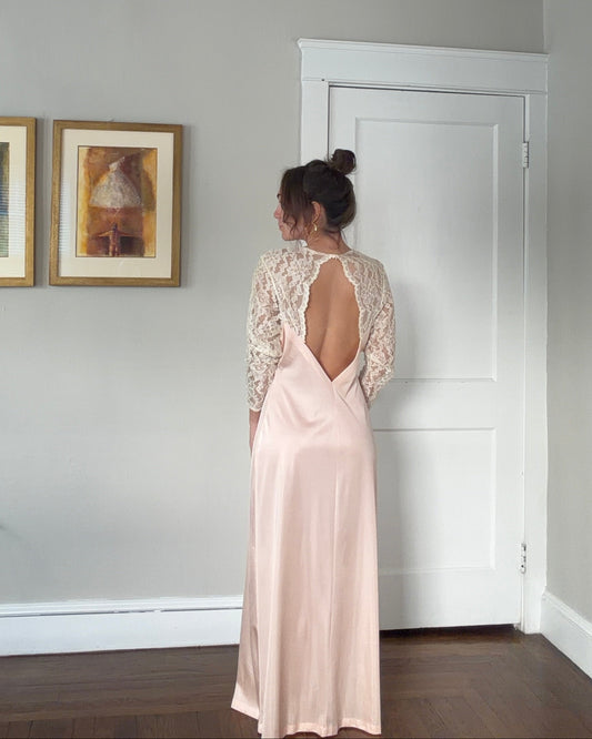 Long Sleeve Lace-Detail Open-Back Blush Bridal Slip