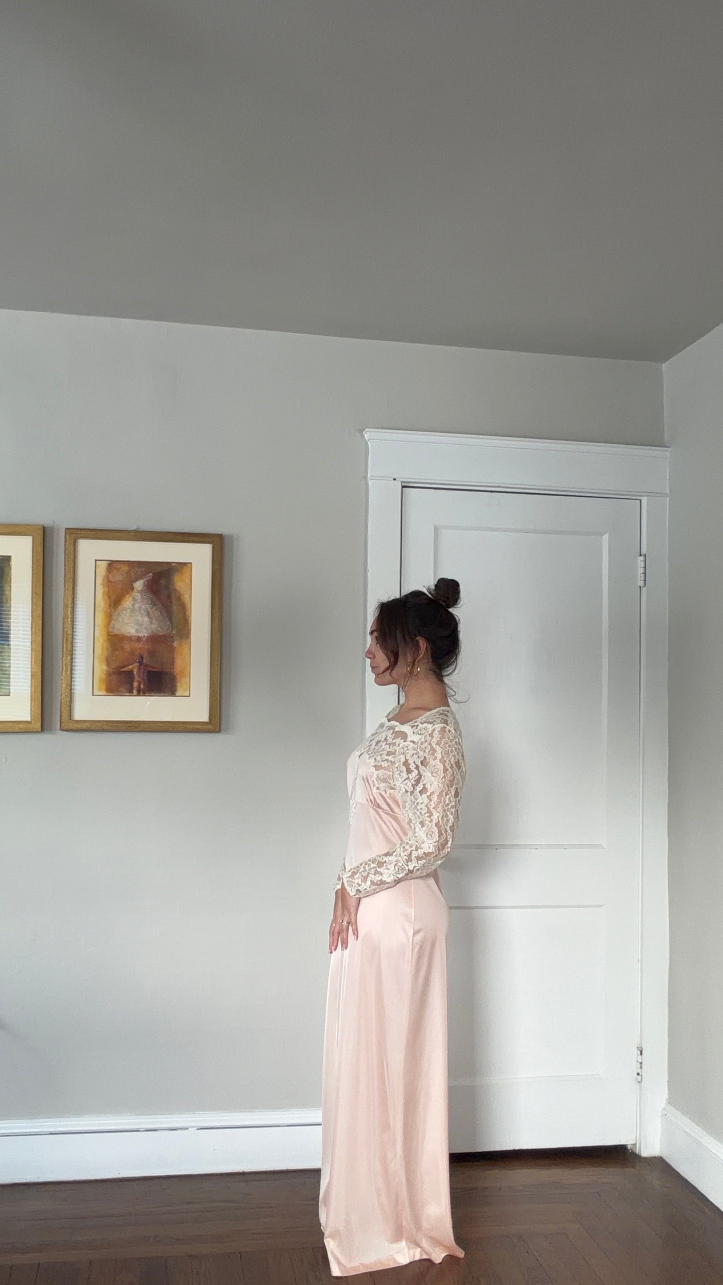 Long Sleeve Lace-Detail Open-Back Blush Bridal Slip