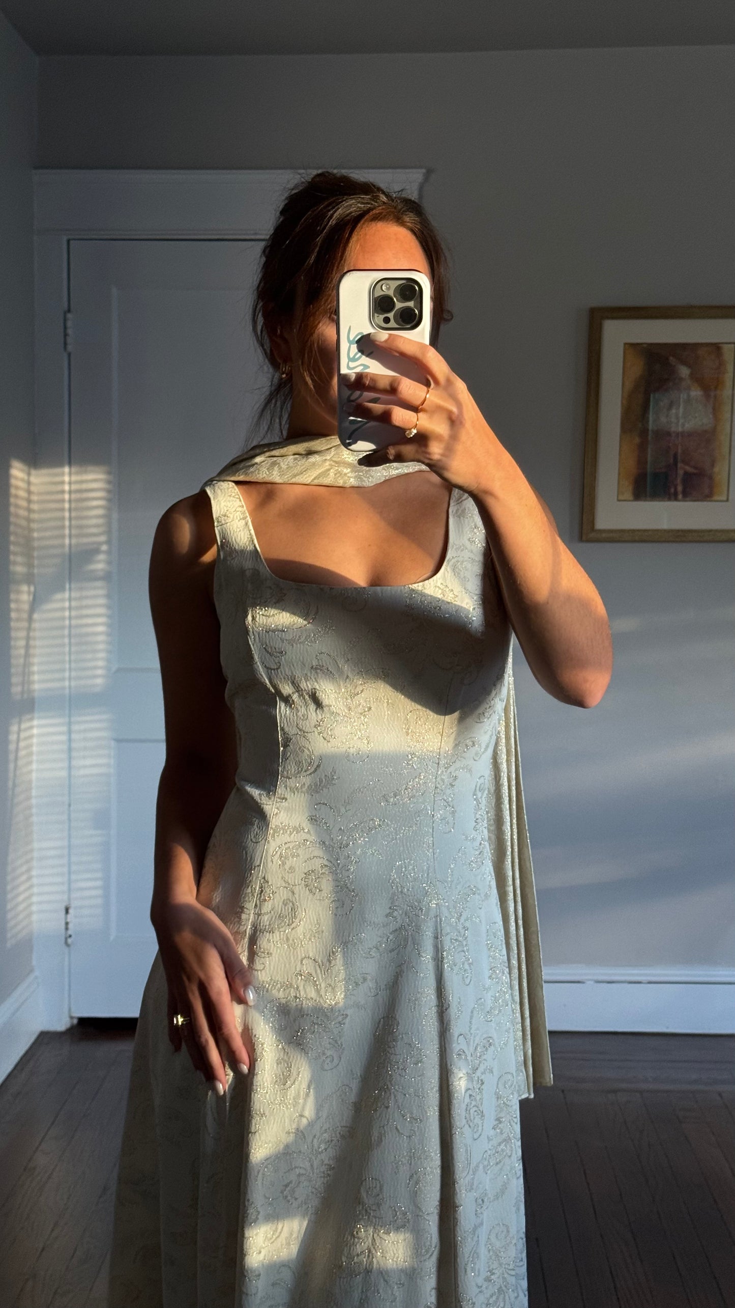 80s Metallic Thread Dress w/ Neck Scarf