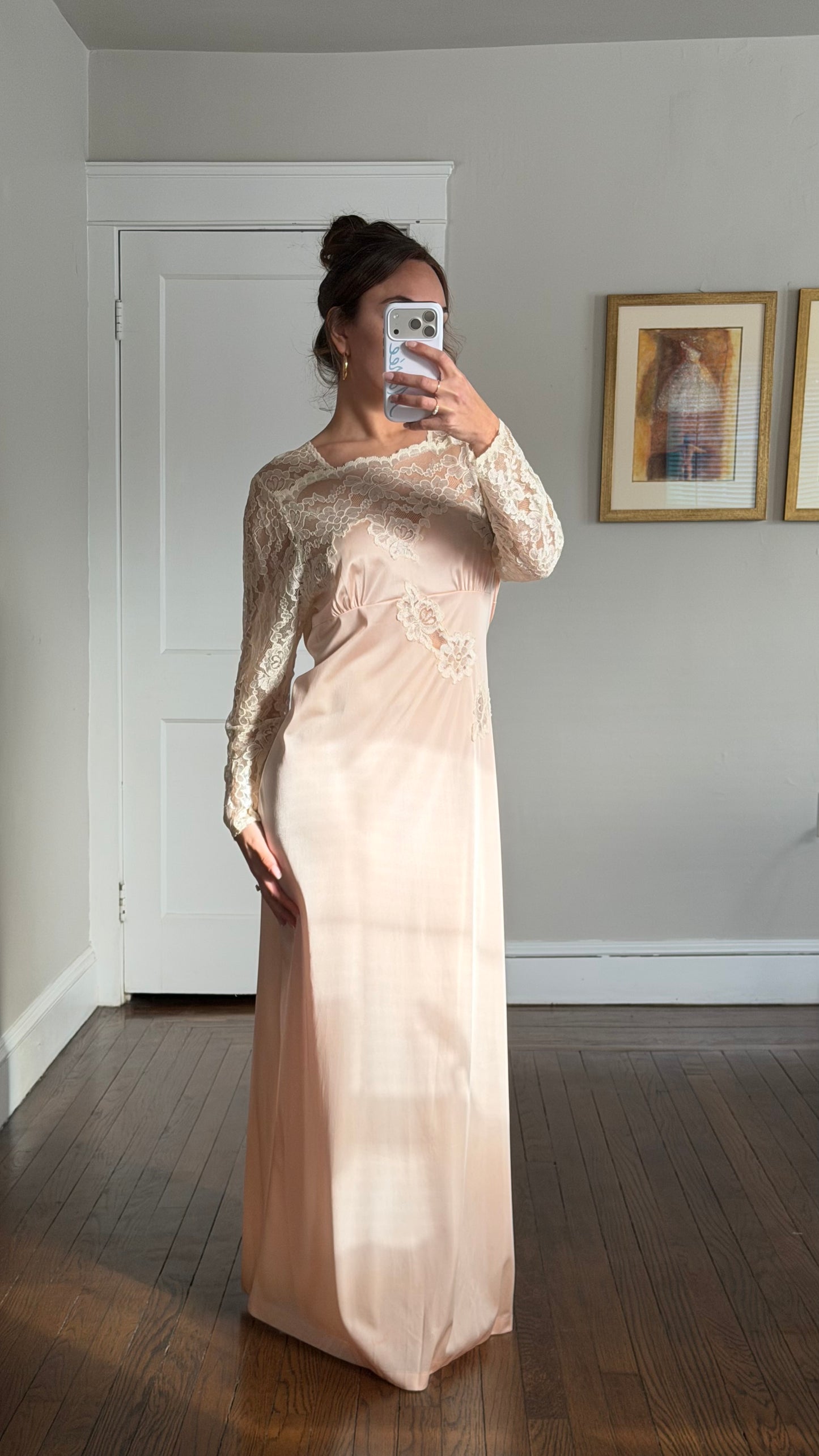 Long Sleeve Lace-Detail Open-Back Blush Bridal Slip