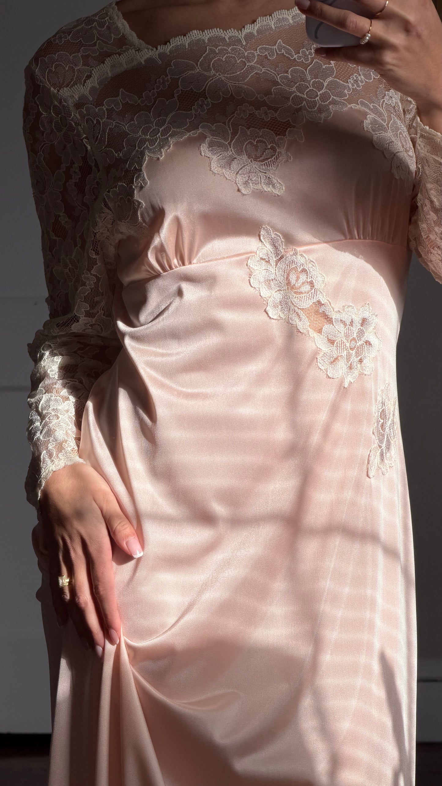 Long Sleeve Lace-Detail Open-Back Blush Bridal Slip