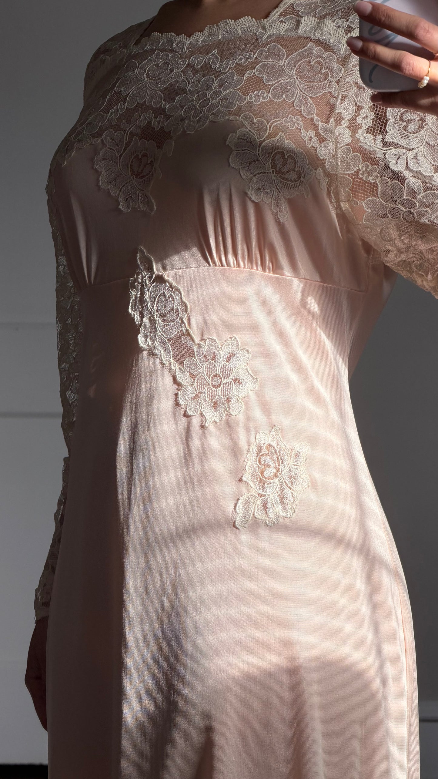 Long Sleeve Lace-Detail Open-Back Blush Bridal Slip