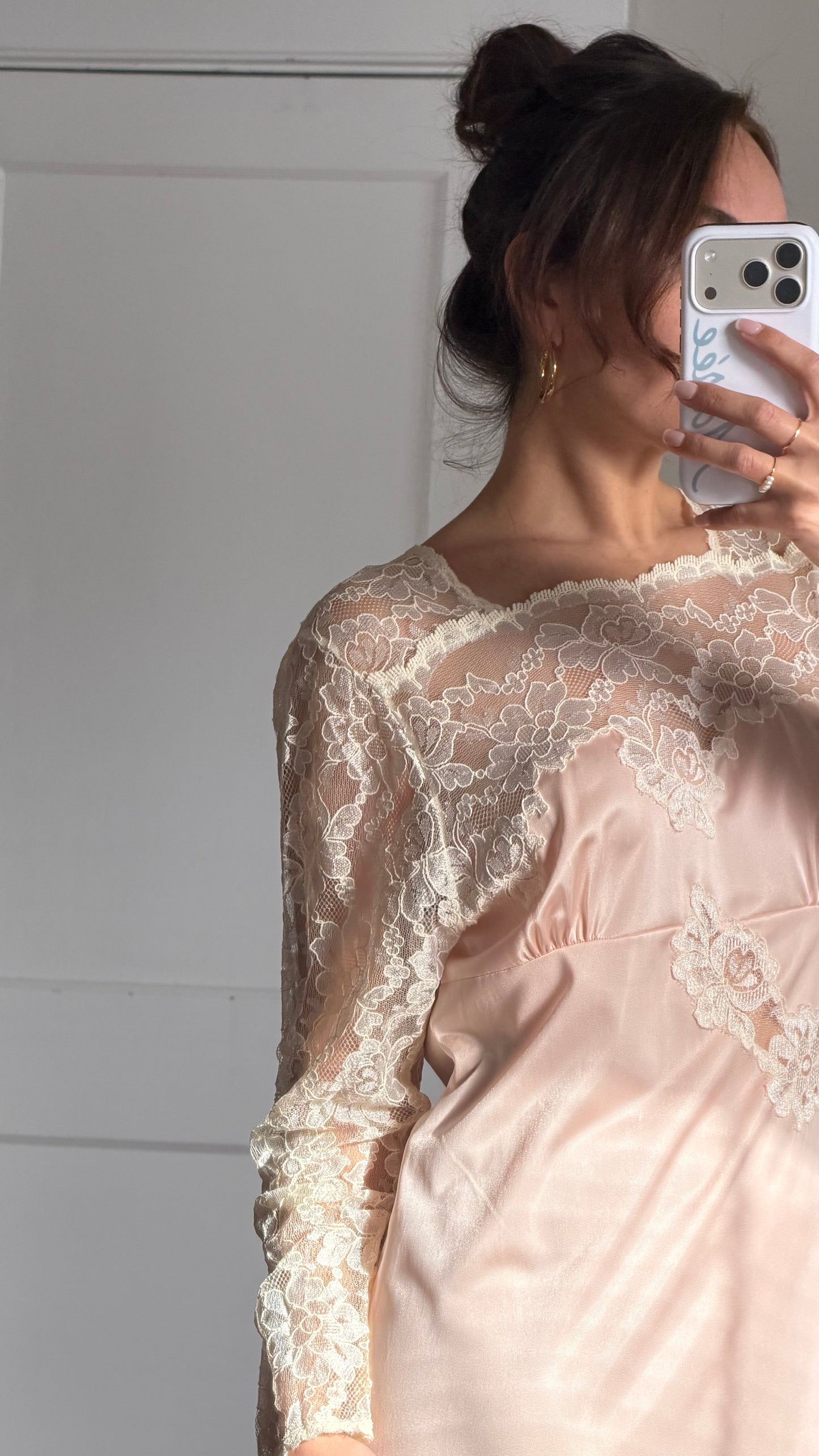 Long Sleeve Lace-Detail Open-Back Blush Bridal Slip