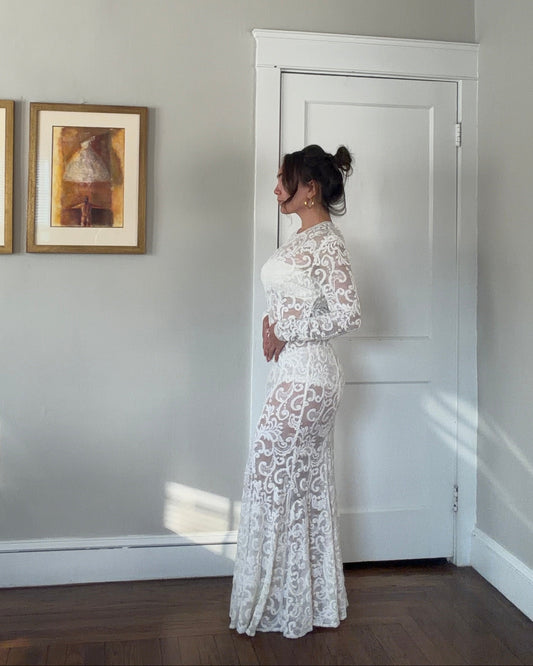 Vintage Ivory Stretch Lace Overlay Gown