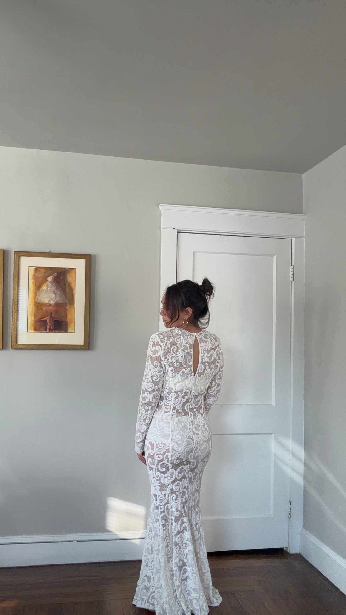 Vintage Ivory Stretch Lace Overlay Gown
