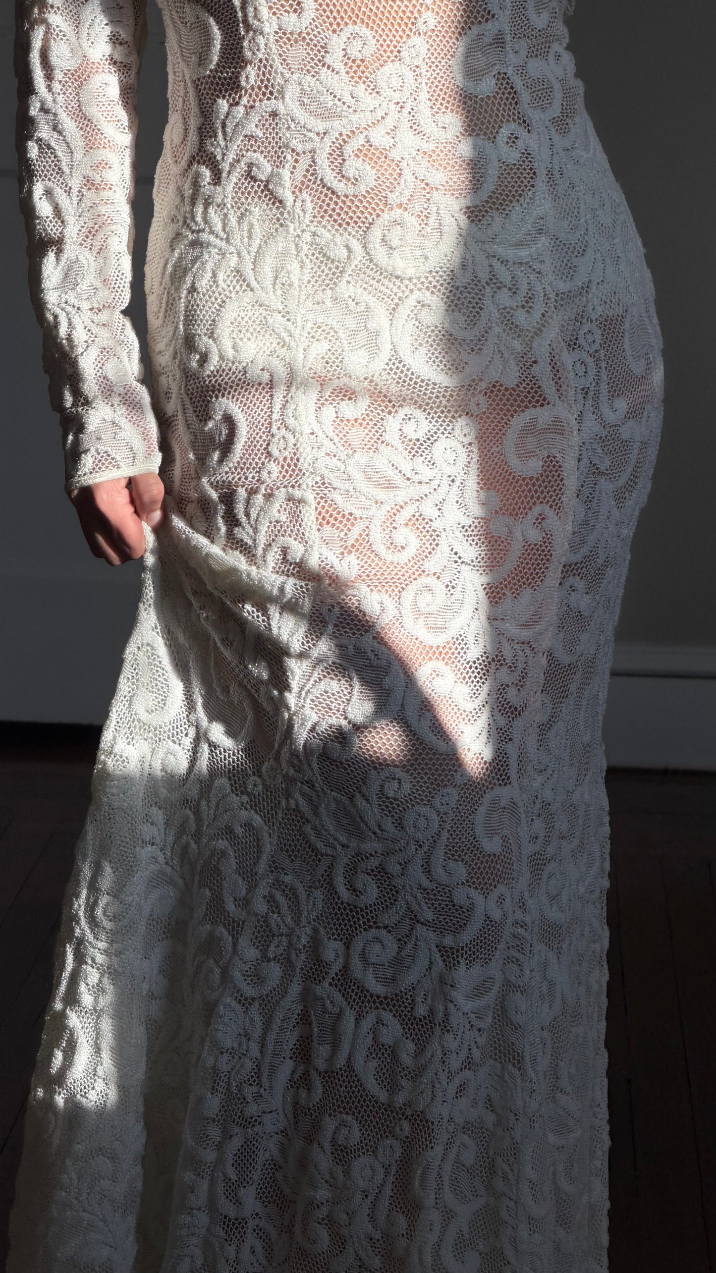 Vintage Ivory Stretch Lace Overlay Gown