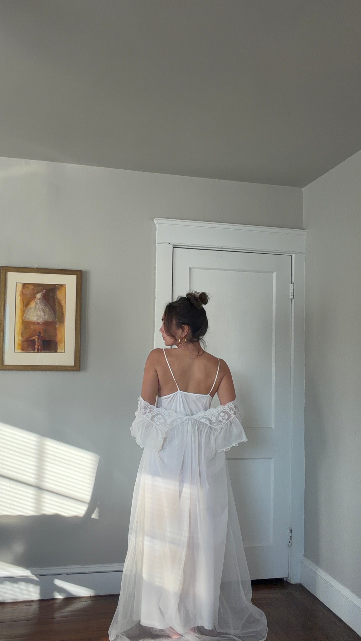 White Peignoir Set - Tie-Back Slip Dress & Chiffon Overlay