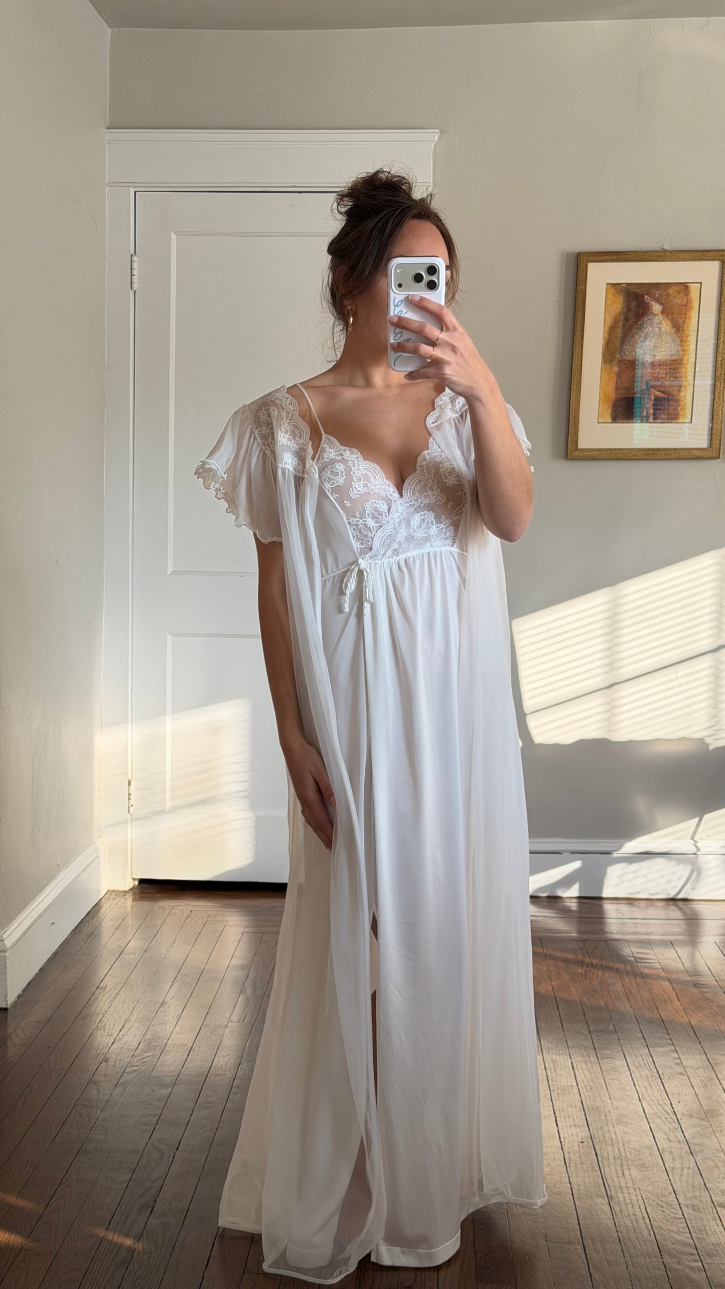 White Peignoir Set - Tie-Back Slip Dress & Chiffon Overlay