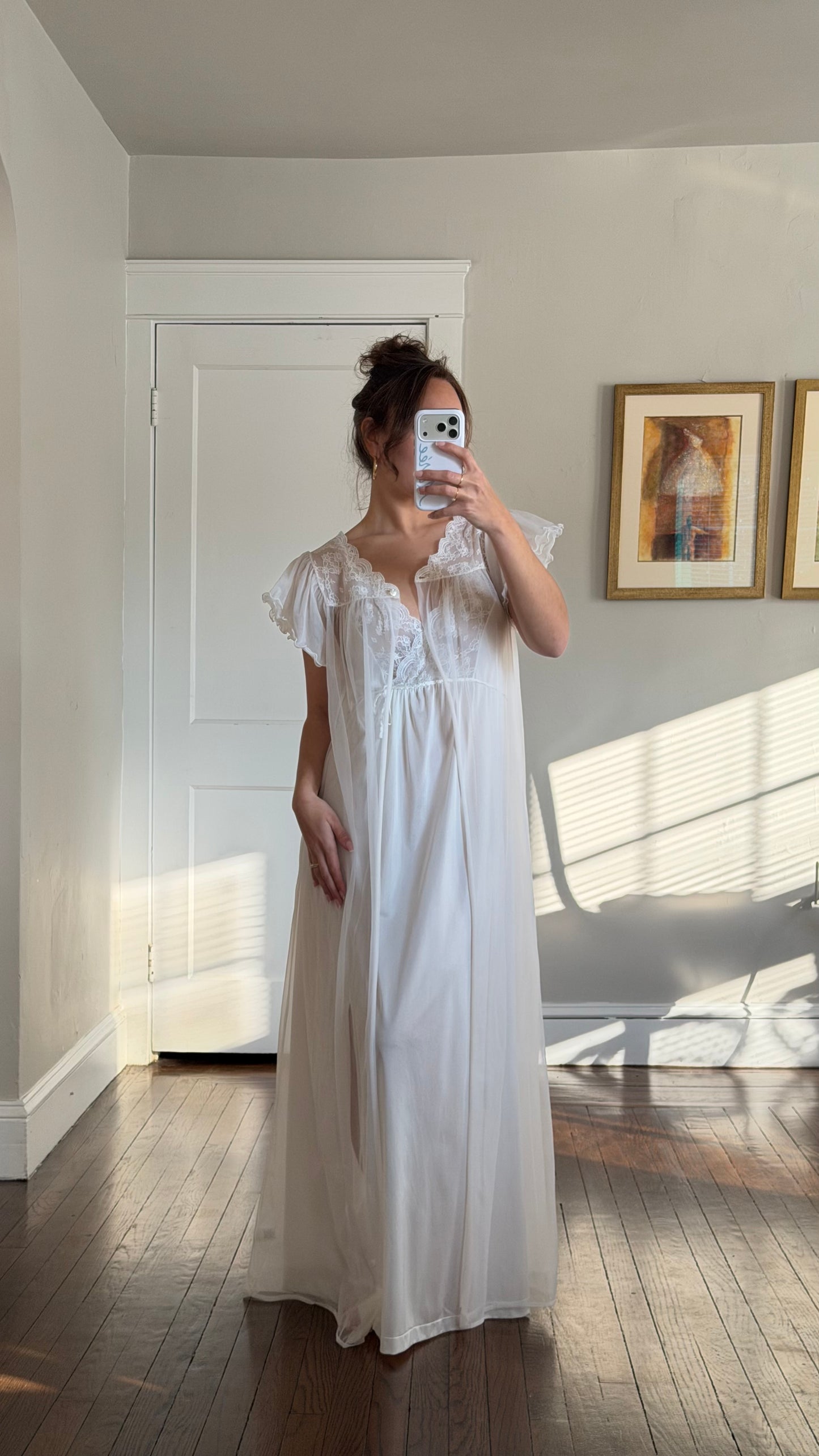 White Peignoir Set - Tie-Back Slip Dress & Chiffon Overlay