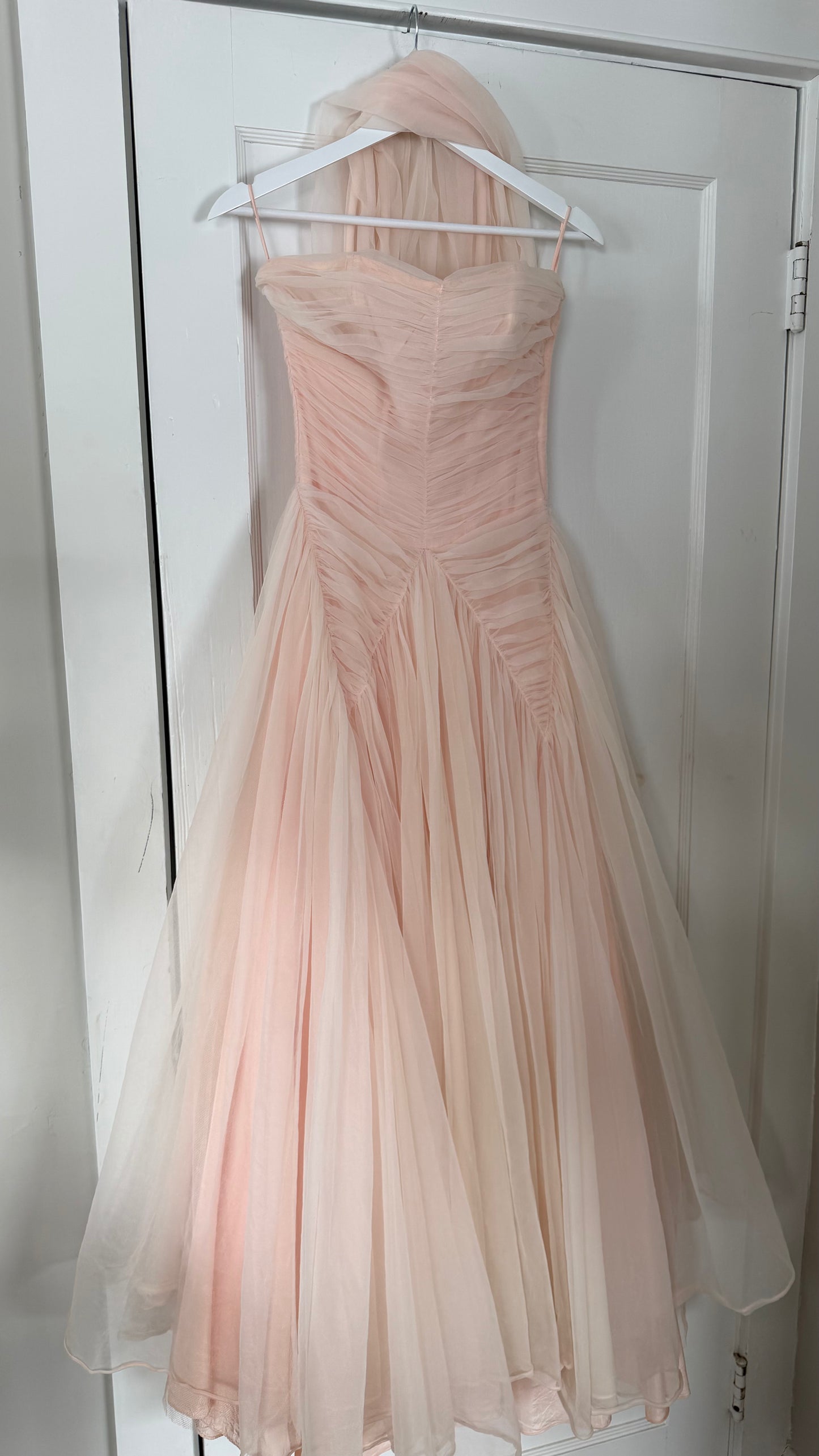 1950s Blush Tulle Gown with Neck Scarf