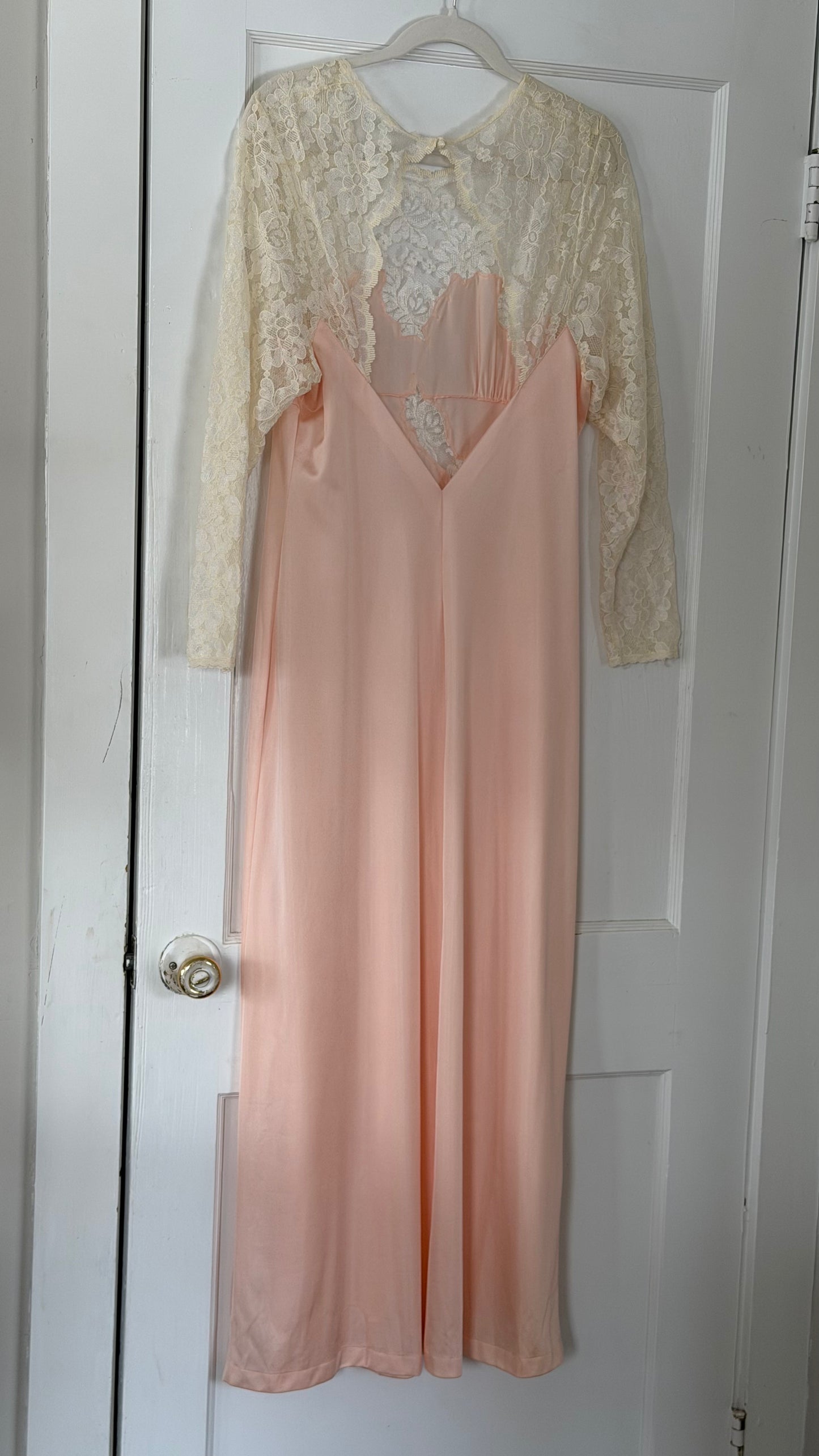 Long Sleeve Lace-Detail Open-Back Blush Bridal Slip