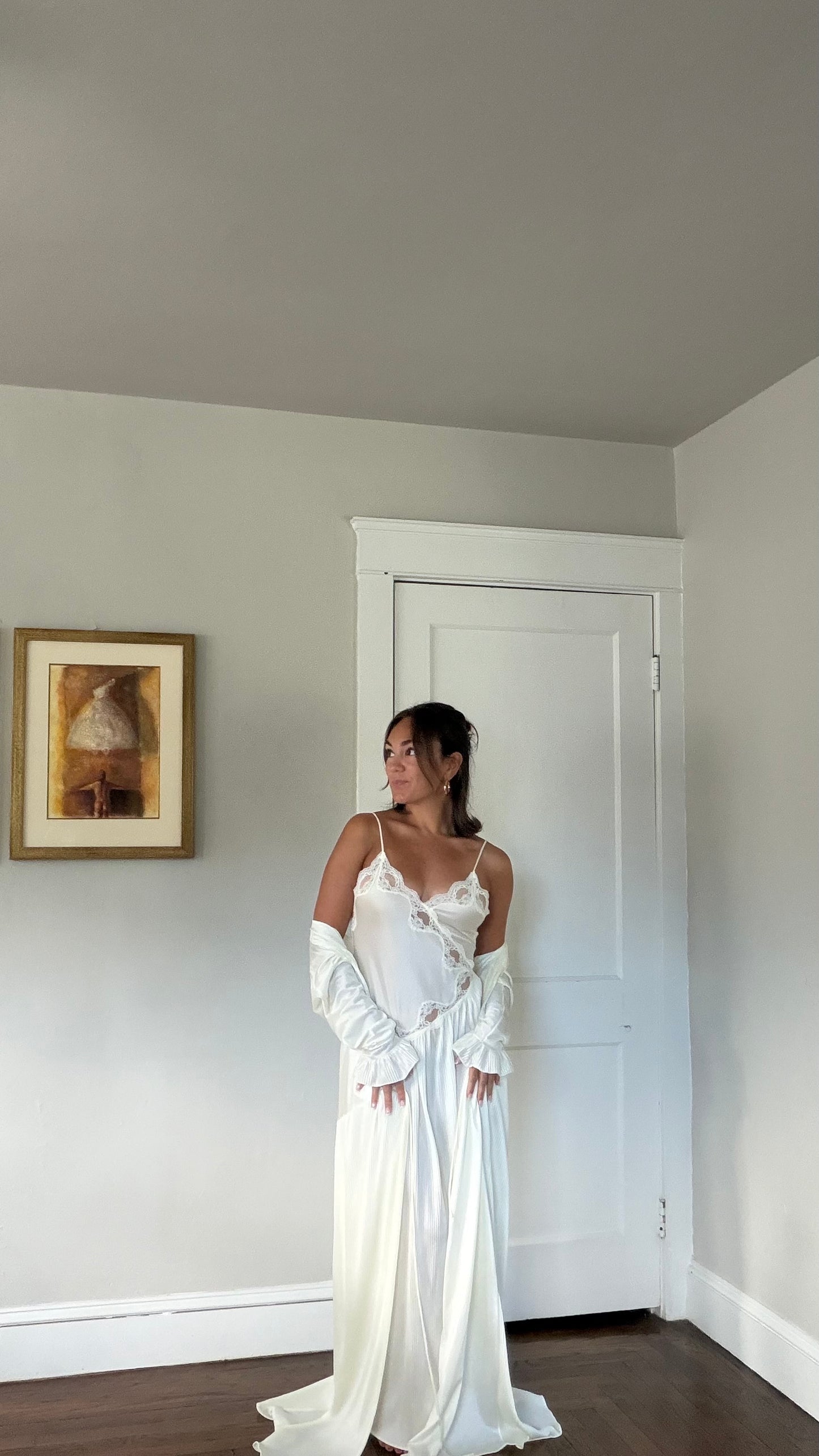 Cream Asymmetrical Drop Waist Pleat-Detail Peignoir Set