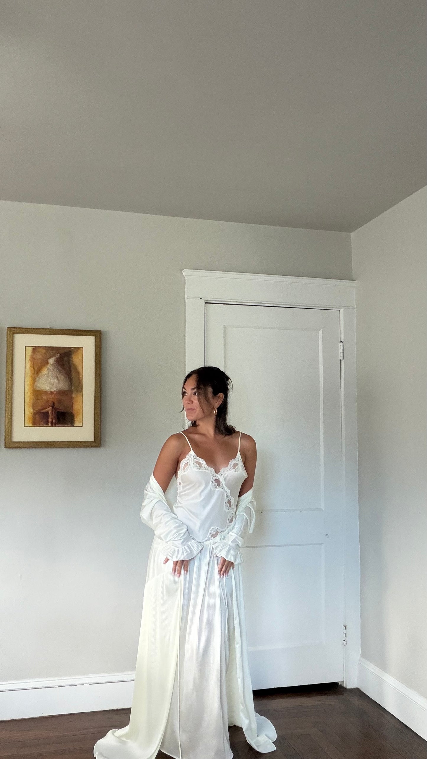 Cream Asymmetrical Drop Waist Pleat-Detail Peignoir Set