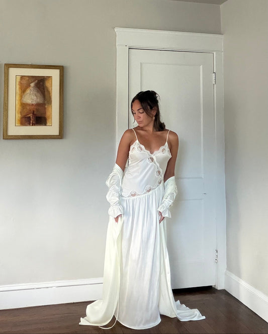 Cream Asymmetrical Drop Waist Pleat-Detail Peignoir Set