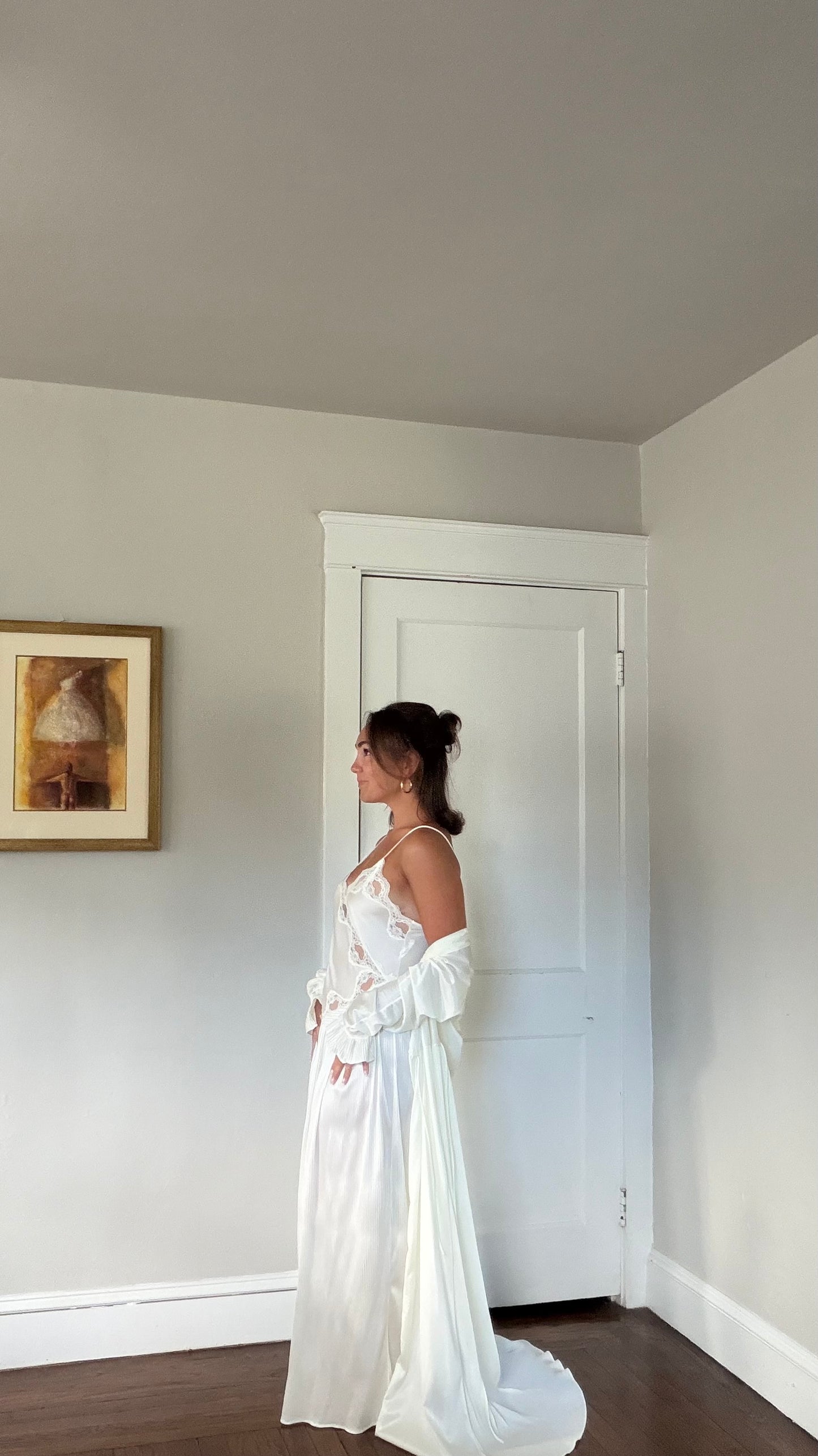 Cream Asymmetrical Drop Waist Pleat-Detail Peignoir Set