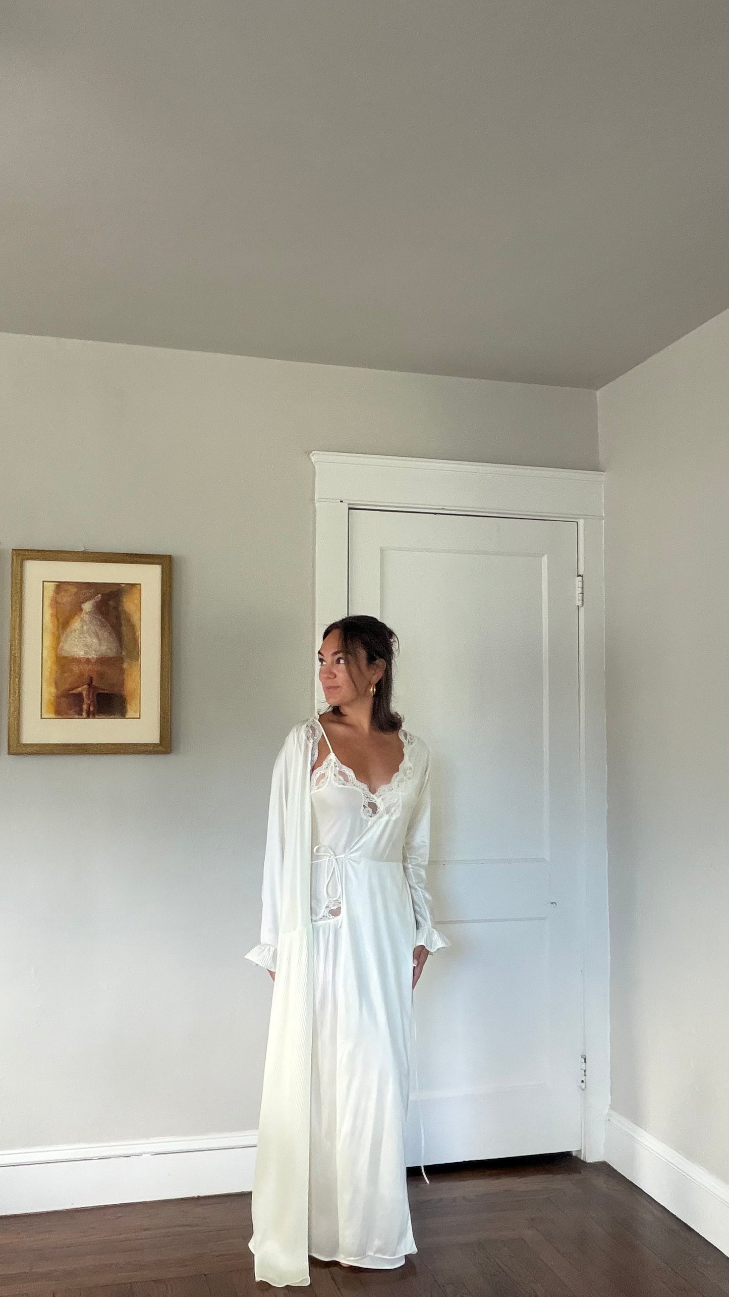 Cream Asymmetrical Drop Waist Pleat-Detail Peignoir Set