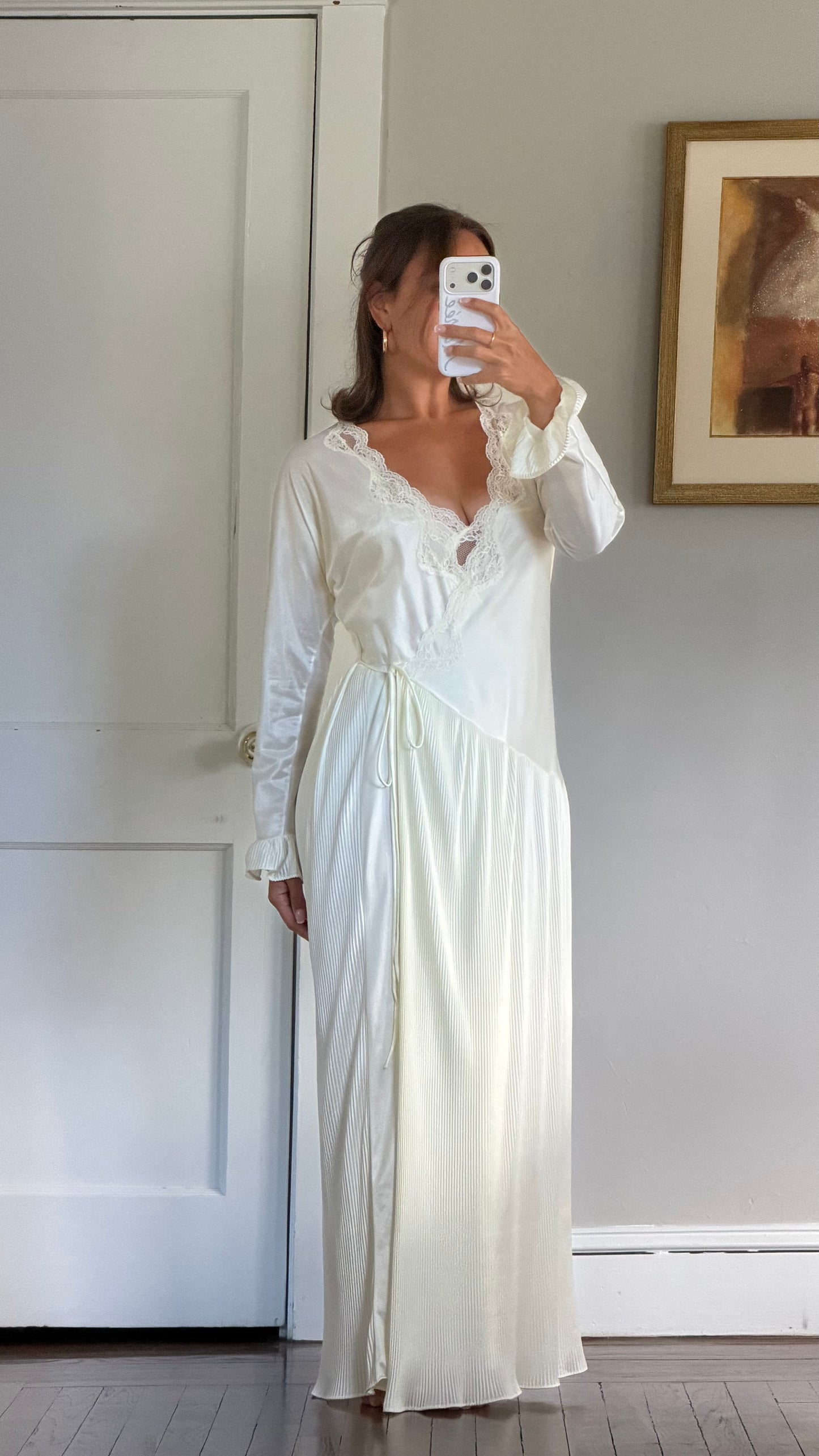 Cream Asymmetrical Drop Waist Pleat-Detail Peignoir Set