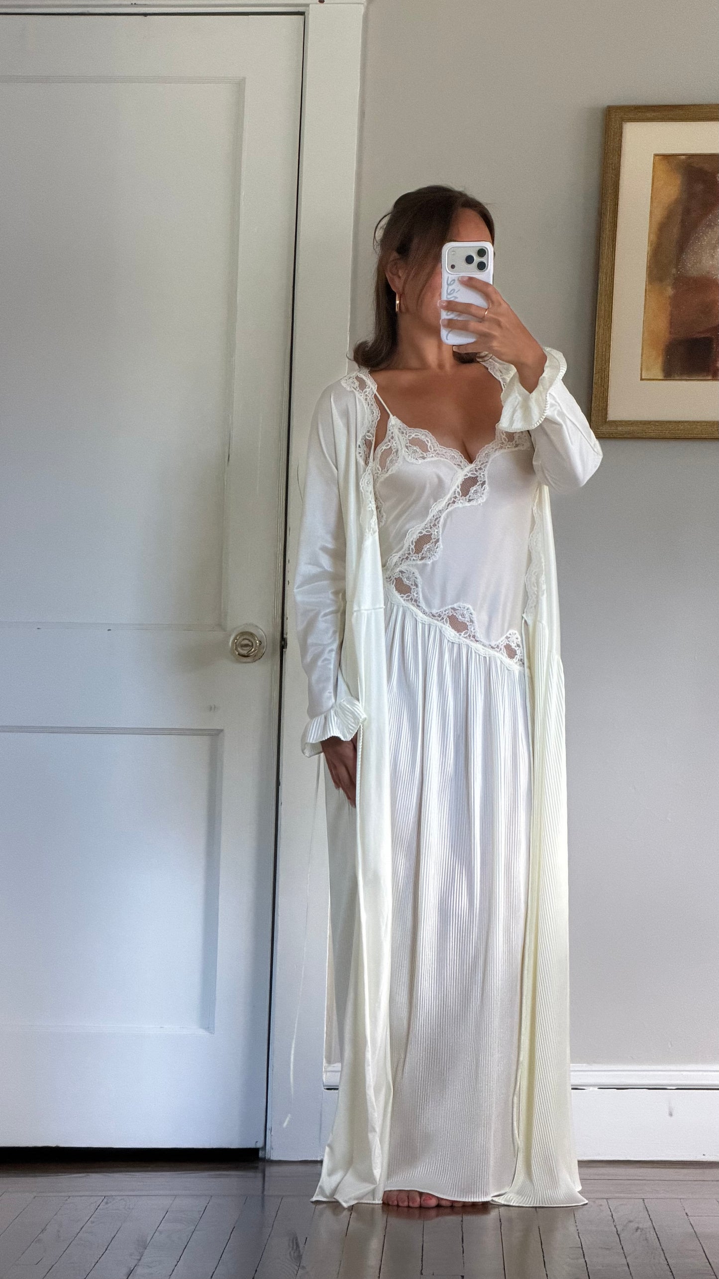 Cream Asymmetrical Drop Waist Pleat-Detail Peignoir Set