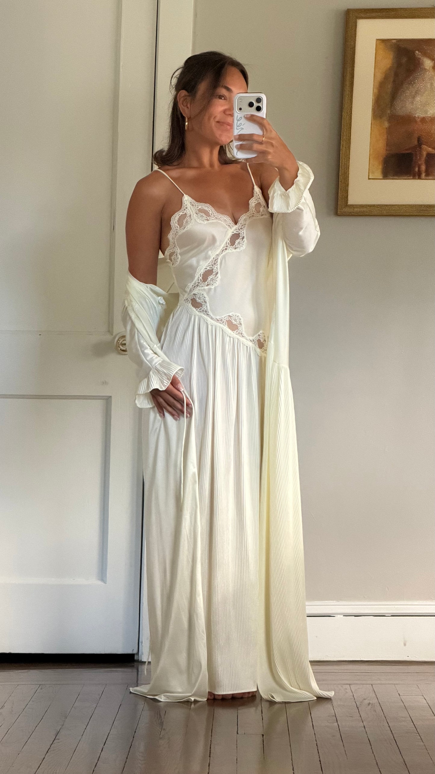 Cream Asymmetrical Drop Waist Pleat-Detail Peignoir Set