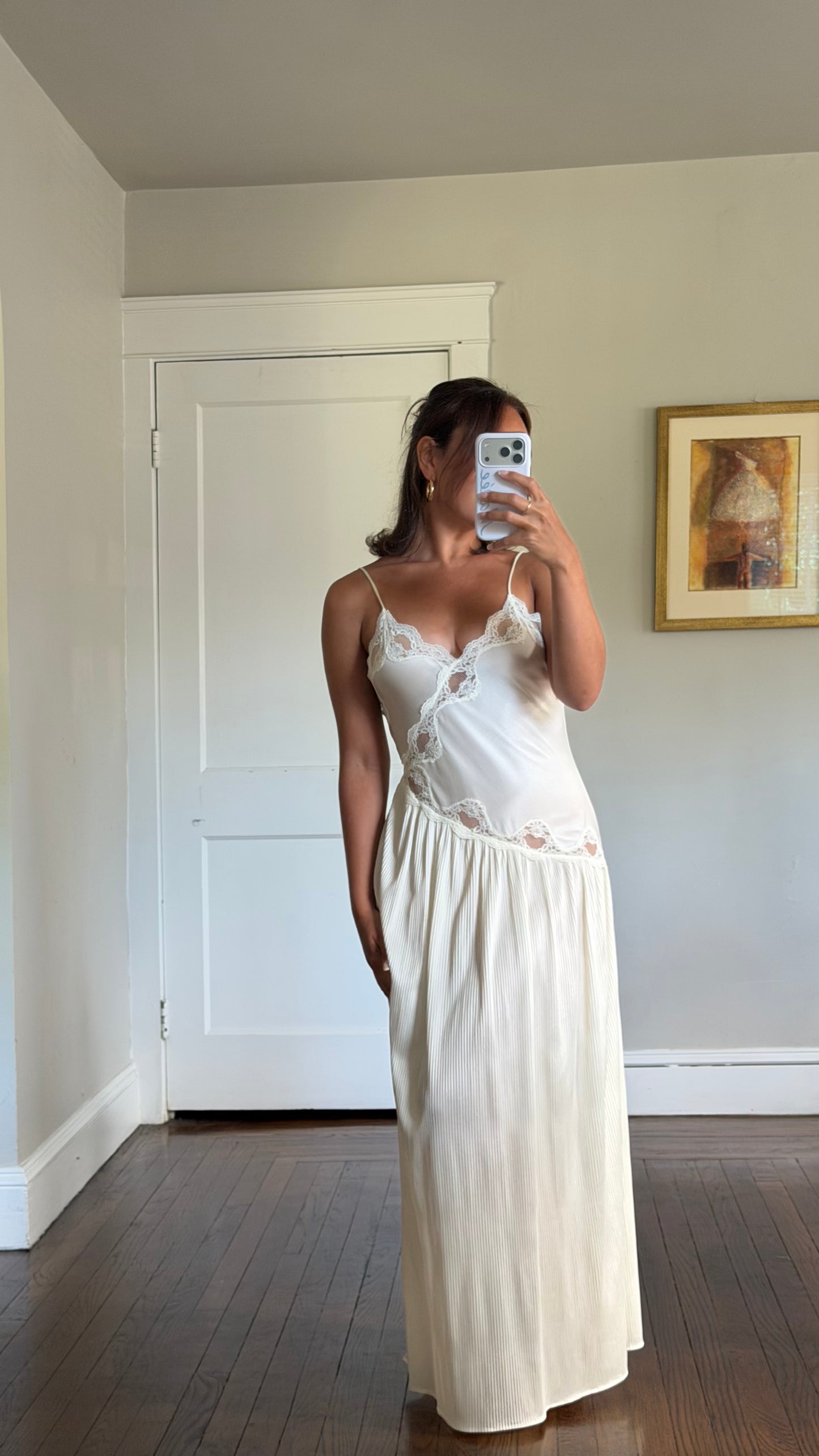 Cream Asymmetrical Drop Waist Pleat-Detail Peignoir Set