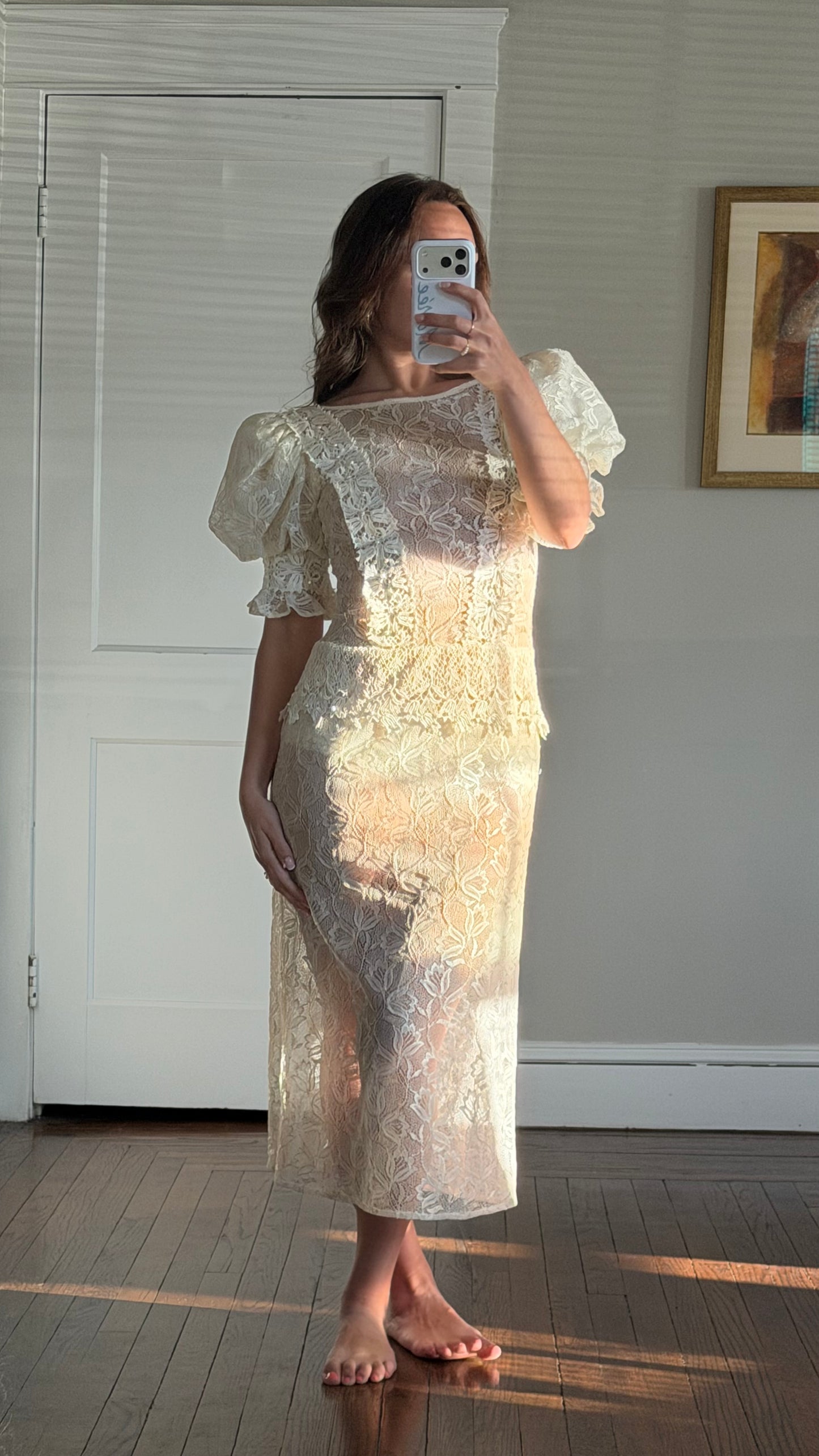 Sheer Lace Puff Sleeve Midi