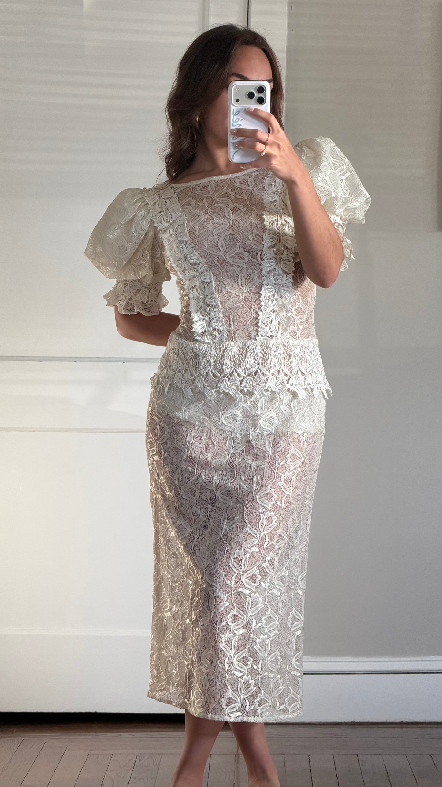 Sheer Lace Puff Sleeve Midi