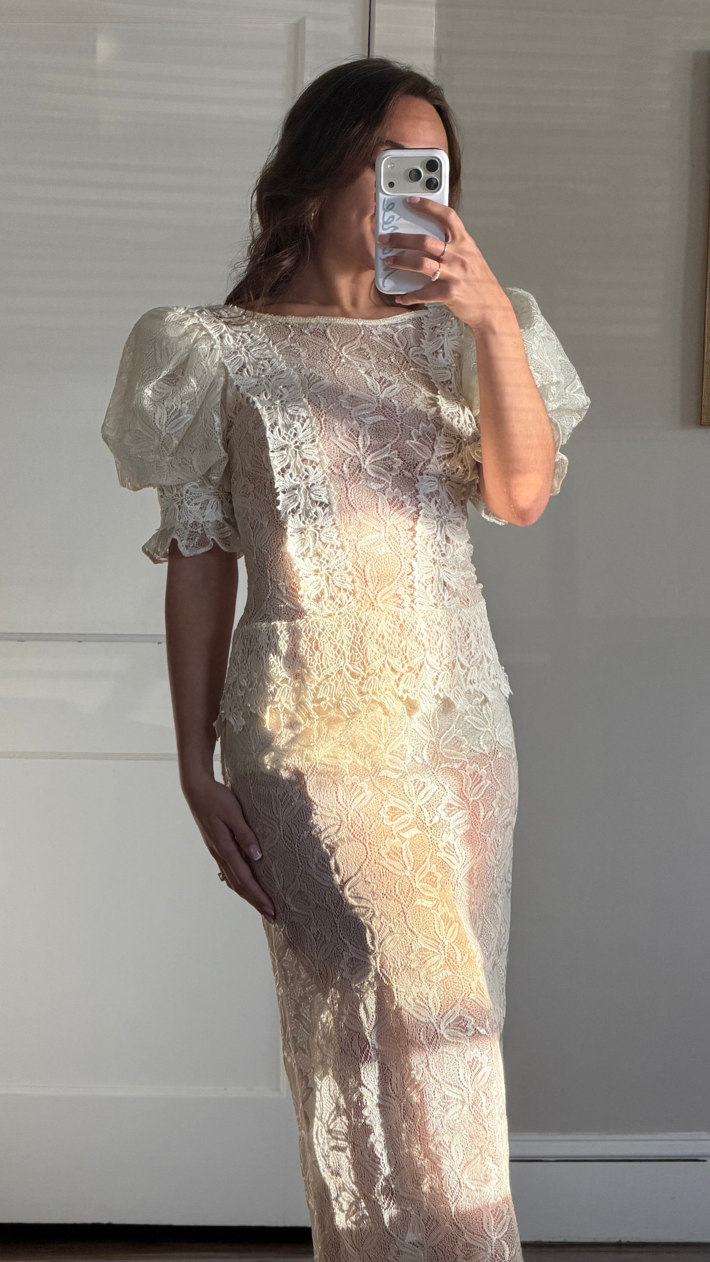 Sheer Lace Puff Sleeve Midi
